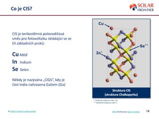 14
Co je CIS?
CIS je tenkostěnná polovodičová
směs pro fotovoltaiku skládající se ze
tří základních prvků:
CuMěď
In Indium
Se Selen
Někdy je nazývána „CIGS“, kdy je
část India nahrazena Galiem (Ga)
© Solar Frontier Europe GmbH NSP představuje Solar Frontier
 