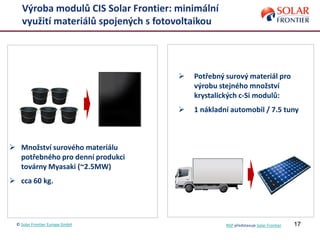 1717
Výroba modulů CIS Solar Frontier: minimální
využití materiálů spojených s fotovoltaikou
 Množství surového materiálu
potřebného pro denní produkci
továrny Myasaki (~2.5MW)
 cca 60 kg.
 Potřebný surový materiál pro
výrobu stejného množství
krystalických c-Si modulů:
 1 nákladní automobil / 7.5 tuny
© Solar Frontier Europe GmbH NSP představuje Solar Frontier
 