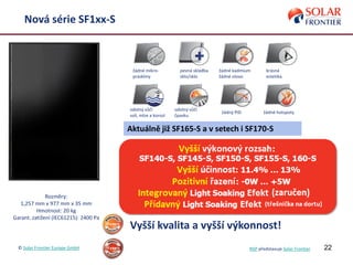 22
Nová série SF1xx-S
Rozměry:
1,257 mm x 977 mm x 35 mm
Hmotnost: 20 kg
Garant. zatížení (IEC61215): 2400 Pa
Vyšší kvalita a vyšší výkonnost!
© Solar Frontier Europe GmbH NSP představuje Solar Frontier
Aktuálně již SF165-S a v setech i SF170-S
žádné mikro-
praskliny
pevná skladba
sklo/sklo
žádné kadmium
žádné olovo
krásná
estetika
odolný vůči
soli, mlze a korozi
žádný PID žádné hotspoty
odolný vůči
čpavku
 