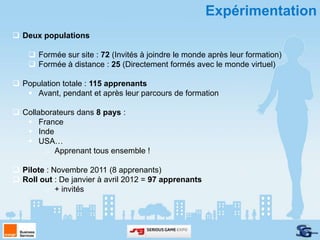 Expérimentation
 Deux populations

     Formée sur site : 72 (Invités à joindre le monde après leur formation)
     Formée à distance : 25 (Directement formés avec le monde virtuel)

 Population totale : 115 apprenants
    Avant, pendant et après leur parcours de formation

 Collaborateurs dans 8 pays :
    France
    Inde
    USA…
        o Apprenant tous ensemble !

 Pilote : Novembre 2011 (8 apprenants)
 Roll out : De janvier à avril 2012 = 97 apprenants
        o + invités
 