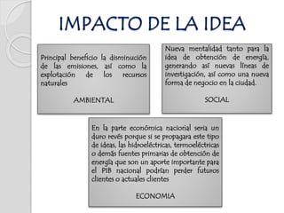 Principal beneficio la disminución
de las emisiones, así como la
explotación de los recursos
naturales
AMBIENTAL
Nueva mentalidad tanto para la
idea de obtención de energía,
generando así nuevas líneas de
investigación, así como una nueva
forma de negocio en la ciudad.
SOCIAL
En la parte económica nacional seria un
duro revés porque si se propagara este tipo
de ideas, las hidroeléctricas, termoeléctricas
o demás fuentes primarias de obtención de
energía que son un aporte importante para
el PIB nacional podrían perder futuros
clientes o actuales clientes
ECONOMIA
.
IMPACTO DE LA IDEA
 