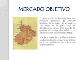 El departamento de Santander tiene una
población aproximada de 2.157.789
habitantes de los cuales de los cuales el
25% viven en la parte rural del
departamento, siendo estos uno de los
objetivos de nuestra idea, debido a su
alejamiento con las conexiones urbanas.
Mas de la mitad de la población vive en
condiciones buenas o muy buenas estando
estos en condiciones de invertir en
nuestros servicios.
MERCADO OBJETIVO
 