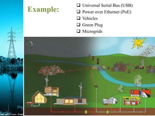 Example:
 Universal Serial Bus (USB)
 Power over Ethernet (PoE)
 Vehicles
 Green Plug
 Microgrids
 
