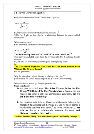 IN THE ALMIGHTY GOD NAME
Through the Mother of God mediation
I do this research
Gerges Francis Tawadrous/
2nd
Course student – physics Faculty – People's Friendship University – Moscow –Russia..
mrwaheid1@yahoo.com mrwaheid@gmail.com +201022532292
12
3-2 –Newton Gravitation Equation
Basically we know the value C2
from Lorenz Equation
2
2
1
c
v
m
m o


So, there's some relationship between the mass and C2
Table No. 3 tells us that, there's a relationship between the planet orbital
distance and C2
What does that mean?
Let's remember Newton Gravitation Equation..
2
21
R
mm
GF 
The Relationship between "m" and "d" is found based on C2
This fact we concluded easily from the previous table No. 3 and mass lorentz
equation
So, "m" and "d" relationship doesn't depend on the gravity force!
i.e.
The Gravitation Equation Will Work For The Solar Planets Even
Without The Gravity Forces!
But the question is
Why the solar planet orbital distance is relating to the vale C2
?
(this question we should discuss in point no. 5 Matter Creation theory)
What conclusion we can get from the previous data
Clear Conclusions
1- we have expected that, The Solar Planets Order In The
Group Will Related To The Planets Masses, because the sun
mass is the same in all solar gravitational equations, but we
can't find this relationship
2- the previous data tells us there's a relationship between the
planet orbital distance and the value C2
, and we know there's a
relationship between mass and C2
by lorentz equation… that
tells us there's a relationship between the mass and
distance regardless the gravity…
The Data Provides Many Clear Questions Against The Gravity Concept
 