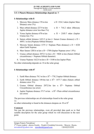 IN THE ALMIGHTY GOD NAME
Through the Mother of God mediation
I do this research
Gerges Francis Tawadrous/
2nd
Course student – physics Faculty – People's Friendship University – Moscow –Russia..
mrwaheid1@yahoo.com mrwaheid@gmail.com +201022532292
14
3-3–1 Planets Distances Relationships depend on Π
I- Relationships with Π
1. Mercury Mars distance 170 m km x Π =534.3 mkm (Jupiter Mars
Distance error 3%)
2. Mars orbital distance 227.9 m km x Π = 716.2 mkm (Mercury
Jupiter distance error less than 1%)
3. Venus Jupiter distance 670 m km x Π = 2105.7 mkm (Jupiter
Uranus less 1%)
4. Saturn orbital distance 1433.5 m km (= Saturn Uranus distance) x Π =
4495.1 m km (Neptune Orbital Distance
5. Mercury Saturn distance 1375 (= Neptune Pluto distance) x Π = 4320
mkm Earth Neptune
6. Mars Saturn 1205.6 m km x Π = 3789 (Jupiter Neptune error 1.9%)
7. Uranus orbital distance 2872.5 m km x Π = 9028 m km (Saturn Orbital
circumference = Neptune Orbital diameter)
8. Uranus Neptune 1622.8 m km x Π = 5100 m km Jupiter Pluto
No other relationship depends on Π in the solar group
I- Relationships with Π2
1. Earth Mars distance 78.3 m km x Π2
= 778.2 Jupiter Orbital distance
2. Earth Orbital distance 149.6m km x Π2
= 1477.7 mkm (Saturn orbital
distance error 3%)
3. Uranus Orbital distance 2872.5m km x Π2
= Neptune Orbital
Circumference (no error)
4. Jupiter Neptune distance 3717 m km x Π2
= Pluto orbital circumference
(no error)
The previous relationships are all relationships found in the solar group
i.e.
no other relationship is found in the distances deepens on Π or Π2
Comment
Not just the previous relationships, even all provided data push us to find
suitable description for the solar group which we will discussion in the next
point.
 
