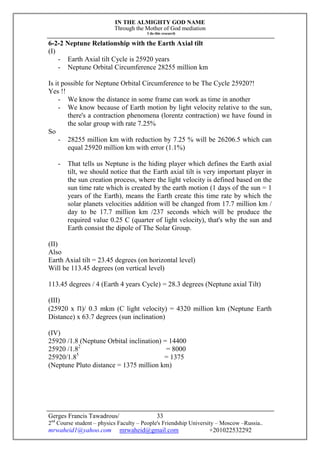 IN THE ALMIGHTY GOD NAME
Through the Mother of God mediation
I do this research
Gerges Francis Tawadrous/
2nd
Course student – physics Faculty – People's Friendship University – Moscow –Russia..
mrwaheid1@yahoo.com mrwaheid@gmail.com +201022532292
33
6-2-2 Neptune Relationship with the Earth Axial tilt
(I)
- Earth Axial tilt Cycle is 25920 years
- Neptune Orbital Circumference 28255 million km
Is it possible for Neptune Orbital Circumference to be The Cycle 25920?!
Yes !!
- We know the distance in some frame can work as time in another
- We know because of Earth motion by light velocity relative to the sun,
there's a contraction phenomena (lorentz contraction) we have found in
the solar group with rate 7.25%
So
- 28255 million km with reduction by 7.25 % will be 26206.5 which can
equal 25920 million km with error (1.1%)
- That tells us Neptune is the hiding player which defines the Earth axial
tilt, we should notice that the Earth axial tilt is very important player in
the sun creation process, where the light velocity is defined based on the
sun time rate which is created by the earth motion (1 days of the sun = 1
years of the Earth), means the Earth create this time rate by which the
solar planets velocities addition will be changed from 17.7 million km /
day to be 17.7 million km /237 seconds which will be produce the
required value 0.25 C (quarter of light velocity), that's why the sun and
Earth consist the dipole of The Solar Group.
(II)
Also
Earth Axial tilt = 23.45 degrees (on horizontal level)
Will be 113.45 degrees (on vertical level)
113.45 degrees / 4 (Earth 4 years Cycle) = 28.3 degrees (Neptune axial Tilt)
(III)
(25920 x Π)/ 0.3 mkm (C light velocity) = 4320 million km (Neptune Earth
Distance) x 63.7 degrees (sun inclination)
(IV)
25920 /1.8 (Neptune Orbital inclination) = 14400
25920 /1.82
= 8000
25920/1.85
= 1375
(Neptune Pluto distance = 1375 million km)
 