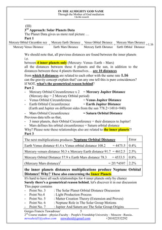 IN THE ALMIGHTY GOD NAME
Through the Mother of God mediation
I do this research
Gerges Francis Tawadrous/
2nd
Course student – physics Faculty – People's Friendship University – Moscow –Russia..
mrwaheid1@yahoo.com mrwaheid@gmail.com +201022532292
5
(III)
3rd
Approach: Solar Planets Data
The Planet Data gives us more real picture …
Part 1
We should note that, all previous distances are found between the inner planets
i.e.
between 4 inner planets only (Mercury- Venus- Earth – Mars)
all the distances between these 4 planets and the sun, in addition to the
distances between these 4 planets themselves… are 10 distances
from which 8 distances are related to each other with the same rate 1.16
can the gravity concept explain that? can any one tell this is pure coincidences?
If NOT, what's the geometrical reason behind?
Part 2
- Mercury Orbital Circumference x 2 = Mercury Jupiter Distance
(Mercury day = 2 Mercury Orbital period)
- Venus Orbital Circumference = Venus Jupiter Distance
- Earth Orbital Circumference = Earth Jupiter Distance
(Earth and Jupiter on different sides from the sun 778.2+149.6=940)
- Mars Orbital Circumference = Saturn Orbital Distance
Previous data tells us that,
- 3 inner planets, their Orbital Circumference = their distances to Jupiter!
- Mars defines his orbital circumference = Saturn orbital distance
Why? Please note these relationships also are related to the inner planets?!
Part 3
The next multiplications produces Neptune Orbital Distance Error
Earth Venus distance 41.4 x Venus orbital distance 108.2 = 4475.5 0.4%
Mercury venues distance 50.3 x Mercury Earth distance 91.7 = 4612.5 2.5%
Mercury Orbital Distance 57.9 x Earth Mars distance 78.3 = 4533.5 0.8%
(Mercury Mars distance)2
= 2Π *4597 2.2%
the inner planets distances multiplications produce Neptune Orbital
Distance! Why? These also concerning the Inner Planets
It's hard to have all such relationships for 4 inner planets only by chance
Surely there's a geometrical reason behind, let's discover it in our discussion
This paper contains
- Point No. 3 : The Solar Planet Orbital Distance Discussion
- Point No.4 : Light Production Process
- Point No. 5 : Matter Creation Theory (Extension and Proves)
- Point No. 6 : Neptune Role in The Solar Group Motions
- Point No. 7 : Jupiter And Saturn are The Solar Group Origins
16.1
DistanceOrbitalEarth
DistanceMarsMercury
DistanceEarthMercury
DistanceOrbitalVenus
DistanceMarsEarth
DistanceEarthMercury
DistanceVenusMercury
nceCircumfereOrbitalMercury

 