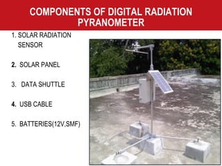 COMPONENTS OF DIGITAL RADIATION PYRANOMETER 1. SOLAR RADIATION  SENSOR 2.  SOLAR PANEL 3.  DATA SHUTTLE 4.  USB CABLE 5.  BATTERIES(12V,SMF) 