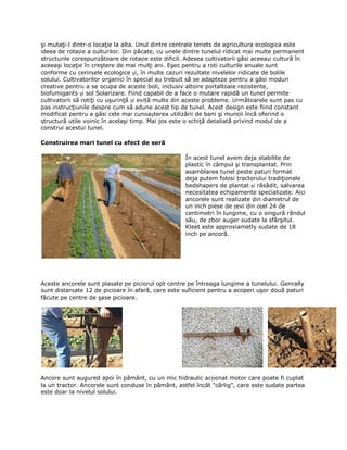 şi mutaţi-l dintr-o locaţie la alta. Unul dintre centrale tenets de agricultura ecologica este
ideea de rotație a culturilor. Din păcate, cu unele dintre tunelul ridicat mai multe permanent
structurile corespunzătoare de rotație este dificil. Adesea cultivatorii găsi aceeași cultură în
aceeaşi locaţie în creştere de mai mulţi ani. Eşec pentru a roti culturile anuale sunt
conforme cu cerințele ecologice și, în multe cazuri rezultate nivelelor ridicate de bolile
solului. Cultivatorilor organici în special au trebuit să se adapteze pentru a găsi moduri
creative pentru a se ocupa de aceste boli, inclusiv altoire portaltoaie rezistente,
biofumigants și sol Solarizare. Fiind capabil de a face o mutare rapidă un tunel permite
cultivatorii să rotiţi cu uşurinţă și evită multe din aceste probleme. Următoarele sunt pas cu
pas instrucţiunile despre cum să adune acest tip de tunel. Acest design este fiind constant
modificat pentru a găsi cele mai cunoașterea utilizării de bani şi muncii încă oferind o
structură utile voinic în acelaşi timp. Mai jos este o schiţă detaliată privind modul de a
construi acestui tunel.

Construirea mari tunel cu efect de seră

                                                    În acest tunel avem deja stabilite de
                                                    plastic în câmpul şi transplantat. Prin
                                                    asamblarea tunel peste paturi format
                                                    deja putem folosi tractorului tradiţionale
                                                    bedshapers de plantat și răsădit, salvarea
                                                    necesitatea echipamente specializate. Aici
                                                    ancorele sunt realizate din diametrul de
                                                    un inch piese de țevi din oțel 24 de
                                                    centimetri în lungime, cu o singură rândul
                                                    său, de zbor auger sudate la sfârşitul.
                                                    Kleet este approxiametly sudate de 18
                                                    inch pe ancoră.




Aceste ancorele sunt plasate pe piciorul opt centre pe întreaga lungime a tunelului. Genrally
sunt distanțate 12 de picioare în afară, care este suficient pentru a acoperi uşor două paturi
făcute pe centre de şase picioare.




Ancore sunt augured apoi în pământ, cu un mic hidraulic acționat motor care poate fi cuplat
la un tractor. Ancorele sunt conduse în pământ, astfel încât "cârlig", care este sudate partea
este doar la nivelul solului.
 