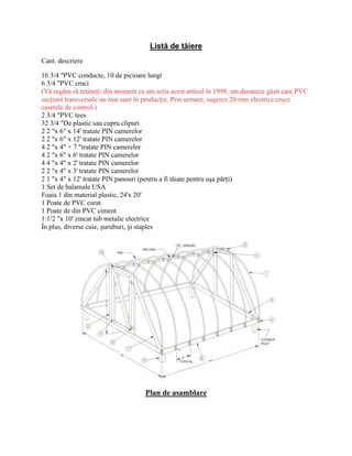 Listă de tăiere
Cant. descriere

16 3/4 "PVC conducte, 10 de picioare lungi
6 3/4 "PVC cruci
(Vă rugăm să reţineţi: din moment ce am scris acest articol în 1998, am deoarece găsit care PVC
secţiuni transversale nu mai sunt în producție. Prin urmare, sugerez 20 mm electrice cruce
casetele de control.)
2 3/4 "PVC tees
32 3/4 "De plastic sau cupru clipuri
2 2 "x 6" x 14' tratate PIN camerelor
2 2 "x 6" x 12' tratate PIN camerelor
4 2 "x 4" × 7 "tratate PIN camerelor
4 2 "x 6" x 6' tratate PIN camerelor
4 4 "x 4" x 2' tratate PIN camerelor
2 2 "x 4" x 3' tratate PIN camerelor
2 1 "x 4" x 12' tratate PIN panouri (pentru a fi tăiate pentru uşa părți)
1 Set de balamale USA
Foaia 1 din material plastic, 24'x 20'
1 Poate de PVC curat
1 Poate de din PVC ciment
1 1/2 "x 10' zincat tub metalic electrice
În plus, diverse cuie, șuruburi, și staples




                                     Plan de asamblare
 