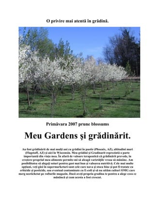 O privire mai atentă în grădină.




                     Primăvara 2007 prune blossums

    Meu Gardens şi grădinărit.
   Au fost grădinărit de mai mulţi ani cu grădini în pustie (Phoenix, AZ), altitudini mari
     (Flagstaff, AZ) şi aici în Wisconsin. Meu grădini şi Gradinarit reprezintă o parte
    importantă din viaţa mea. În afară de valoare terapeutică că grădinărit prevede, în
   creştere propriul meu alimente permite-mi să aleagă varietățile vreau să mănânc. Am
  posibilitatea să alegeți soiuri pentru gust mai bun şi valoarea nutritivă. Cele mai multe
  opţiuni, veţi găsi în supermarketuri sunt cele care nava şi stoca bine şi pot fi tratate cu
 erbicide şi pesticide, sau eventual contaminate cu E-coli şi să nu uităm culturi OMG care
merg neetichetat pe rafturile magazin. Dacă aveţi propria gradina te pentru a alege ceea ce
                             mănâncă şi cum acesta a fost crescut.
 