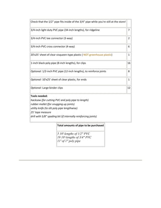 Check that the 1/2" pipe fits inside of the 3/4" pipe while you're still at the store!

3/4-inch light duty PVC pipe (34-inch lengths), for ridgeline                            7

3/4-inch PVC tee connector (3-way)                                                       2

3/4-inch PVC cross connector (4-way)                                                     6

20'x25' sheet of clear visqueen-type plastic ( NOT greenhouse plastic)                   1

1-inch black poly pipe (8-inch lengths), for clips                                       16

Optional: 1/2-inch PVC pipe (12-inch lengths), to reinforce joints                       8

Optional: 10'x25' sheet of clear plastic, for ends                                       1

Optional: Large binder clips                                                             12

Tools needed:
hacksaw (for cutting PVC and poly pipe to length)
rubber mallet (for snugging up joints)
utility knife (to slit poly pipe lengthwise)
25' tape measure
drill with 5/8" spading bit (if internally reinforcing joints)


                        Total amounts of pipe to be purchased

                        5 10'-lengths of 1/2" PVC
                        19 10'-lengths of 3/4" PVC
                        11' of 1" poly pipe
 