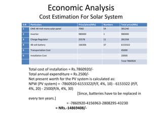 Economic Analysis
Cost Estimation For Solar System
S.N Particulars Price/piece(NRs) Numbers Total price(NRs)
1 OME 48 Volt mono solar panel 7060 54 381240
2 Inverter 980000 1 980000
3 Charge Regulator 25578 11 281358
4 48 volt battery 166306 37 6153322
5 Transportation Cost 45000
6 Installation Cost 20000
Total 7860920
Total cost of installation = Rs.7860920/-
Total annual expenditure = Rs.2500/-
Net present worth for the PV system is calculated as:
NPW (PV system) = -7860920-6153322(P/F, 4%, 10) - 6153322 (P/F,
4%, 20) - 2500(P/A, 4%, 30)
[Since, batteries have to be replaced in
every ten years.]
= -7860920-4156963-2808295-43230
= NRs.-14869408/-
 