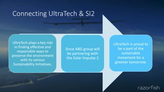 Connecting UltraTech & SI2
UltraTech plays a key role
in finding effective and
responsible ways to
preserve the environment
with its various
Sustainability Initiatives.
Since ABG group will
be partnering with
the Solar Impulse 2
UltraTech is proud to
be a part of the
sustainable
movement for a
greener tomorrow.
 