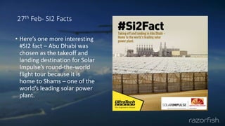 27th Feb- SI2 Facts
• Here’s one more interesting
#SI2 fact – Abu Dhabi was
chosen as the takeoff and
landing destination for Solar
Impulse’s round-the-world
flight tour because it is
home to Shams – one of the
world’s leading solar power
plant.
 