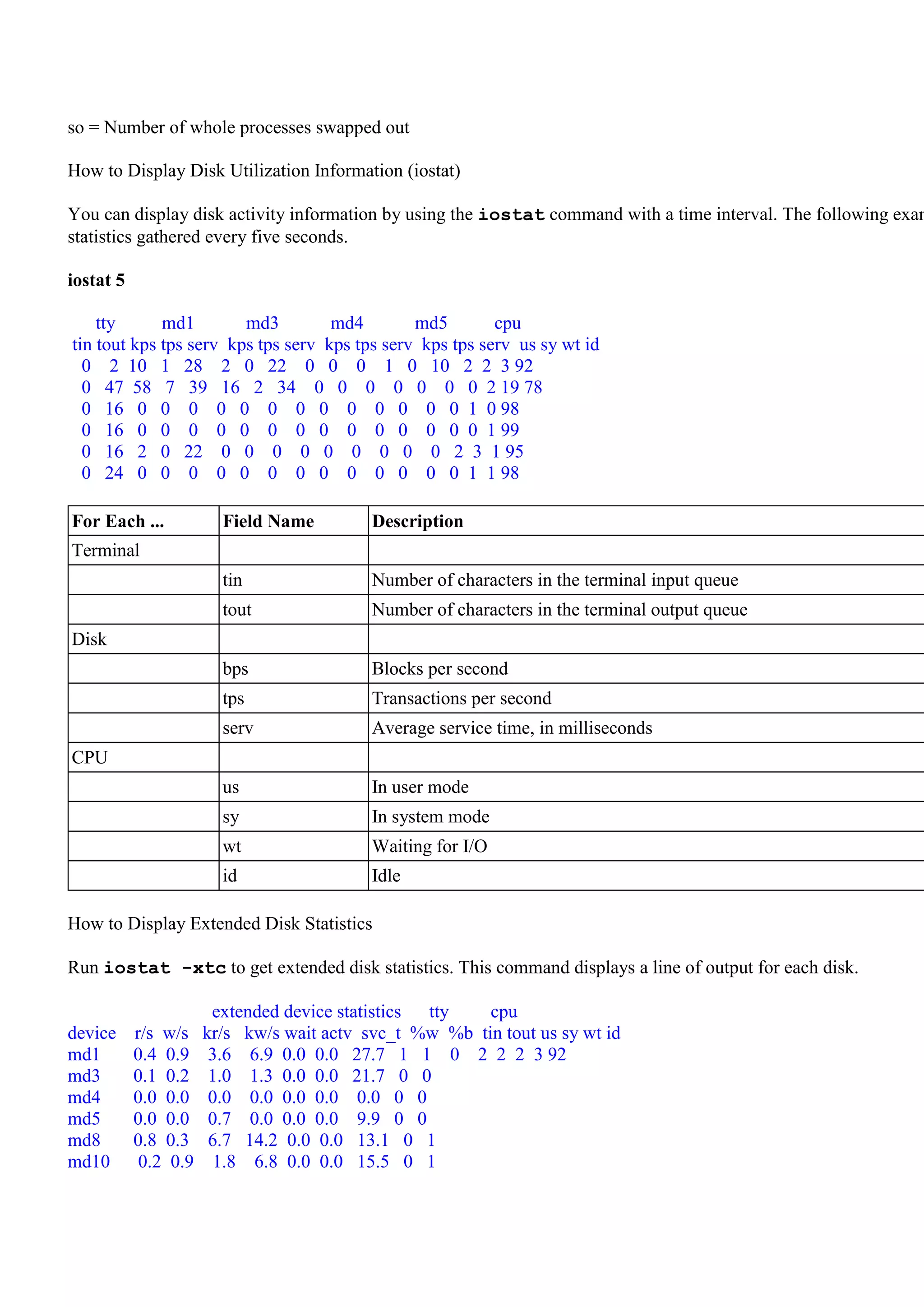 so = Number of whole processes swapped out

How to Display Disk Utilization Information (iostat)

You can display disk activity information by using the iostat command with a time interval. The following exam
statistics gathered every five seconds.

iostat 5

    tty      md1        md3         md4        md5        cpu
tin tout kps tps serv kps tps serv kps tps serv kps tps serv us sy wt id
  0 2 10 1 28 2 0 22 0 0 0 1 0 10 2 2 3 92
  0 47 58 7 39 16 2 34 0 0 0 0 0 0 0 2 19 78
  0 16 0 0 0 0 0 0 0 0 0 0 0 0 0 1 0 98
  0 16 0 0 0 0 0 0 0 0 0 0 0 0 0 0 1 99
  0 16 2 0 22 0 0 0 0 0 0 0 0 0 2 3 1 95
  0 24 0 0 0 0 0 0 0 0 0 0 0 0 0 1 1 98

For Each ...            Field Name         Description
Terminal
                        tin                Number of characters in the terminal input queue
                        tout               Number of characters in the terminal output queue
Disk
                        bps                Blocks per second
                        tps                Transactions per second
                        serv               Average service time, in milliseconds
CPU
                        us                 In user mode
                        sy                 In system mode
                        wt                 Waiting for I/O
                        id                 Idle

How to Display Extended Disk Statistics

Run iostat -xtc to get extended disk statistics. This command displays a line of output for each disk.

                       extended device statistics tty   cpu
device     r/s w/s    kr/s kw/s wait actv svc_t %w %b tin tout us sy wt id
md1        0.4 0.9     3.6 6.9 0.0 0.0 27.7 1 1 0 2 2 2 3 92
md3        0.1 0.2     1.0 1.3 0.0 0.0 21.7 0 0
md4        0.0 0.0     0.0 0.0 0.0 0.0 0.0 0 0
md5        0.0 0.0     0.7 0.0 0.0 0.0 9.9 0 0
md8        0.8 0.3     6.7 14.2 0.0 0.0 13.1 0 1
md10        0.2 0.9     1.8 6.8 0.0 0.0 15.5 0 1
 