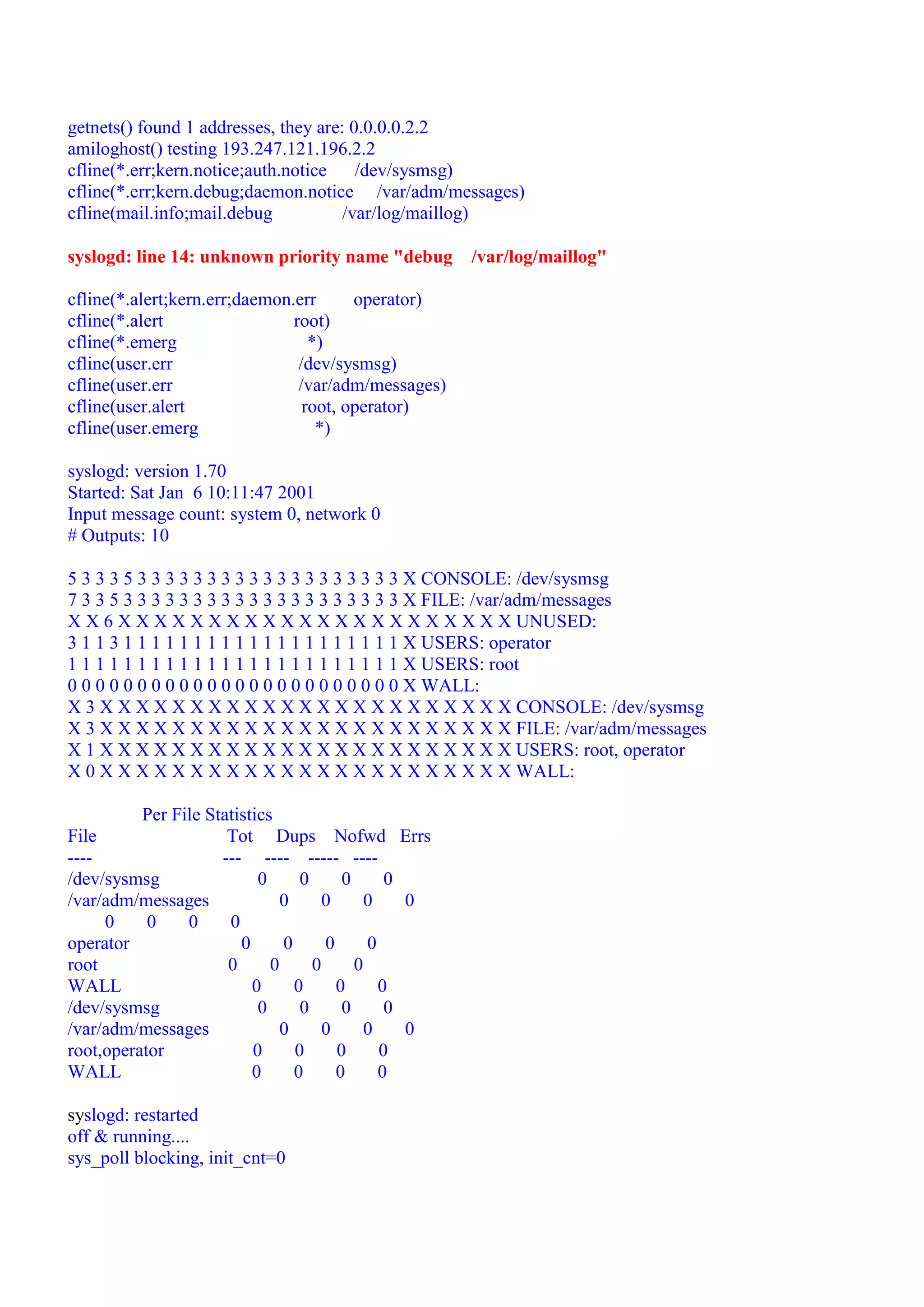 getnets() found 1 addresses, they are: 0.0.0.0.2.2
amiloghost() testing 193.247.121.196.2.2
cfline(*.err;kern.notice;auth.notice    /dev/sysmsg)
cfline(*.err;kern.debug;daemon.notice /var/adm/messages)
cfline(mail.info;mail.debug           /var/log/maillog)

syslogd: line 14: unknown priority name "debug        /var/log/maillog"

cfline(*.alert;kern.err;daemon.err      operator)
cfline(*.alert                 root)
cfline(*.emerg                    *)
cfline(user.err                 /dev/sysmsg)
cfline(user.err                 /var/adm/messages)
cfline(user.alert                root, operator)
cfline(user.emerg                  *)

syslogd: version 1.70
Started: Sat Jan 6 10:11:47 2001
Input message count: system 0, network 0
# Outputs: 10

5 3 3 3 5 3 3 3 3 3 3 3 3 3 3 3 3 3 3 3 3 3 3 3 X CONSOLE: /dev/sysmsg
7 3 3 5 3 3 3 3 3 3 3 3 3 3 3 3 3 3 3 3 3 3 3 3 X FILE: /var/adm/messages
X X 6 X X X X X X X X X X X X X X X X X X X X X X UNUSED:
3 1 1 3 1 1 1 1 1 1 1 1 1 1 1 1 1 1 1 1 1 1 1 1 X USERS: operator
1 1 1 1 1 1 1 1 1 1 1 1 1 1 1 1 1 1 1 1 1 1 1 1 X USERS: root
0 0 0 0 0 0 0 0 0 0 0 0 0 0 0 0 0 0 0 0 0 0 0 0 X WALL:
X 3 X X X X X X X X X X X X X X X X X X X X X X X CONSOLE: /dev/sysmsg
X 3 X X X X X X X X X X X X X X X X X X X X X X X FILE: /var/adm/messages
X 1 X X X X X X X X X X X X X X X X X X X X X X X USERS: root, operator
X 0 X X X X X X X X X X X X X X X X X X X X X X X WALL:

          Per File Statistics
File                  Tot Dups Nofwd Errs
----                 --- ---- ----- ----
/dev/sysmsg                0      0      0      0
/var/adm/messages              0      0      0    0
     0     0    0     0
operator                0      0      0      0
root                  0      0      0      0
WALL                      0      0      0      0
/dev/sysmsg                0      0      0      0
/var/adm/messages              0      0      0    0
root,operator             0      0      0      0
WALL                      0      0      0      0

syslogd: restarted
off & running....
sys_poll blocking, init_cnt=0
 