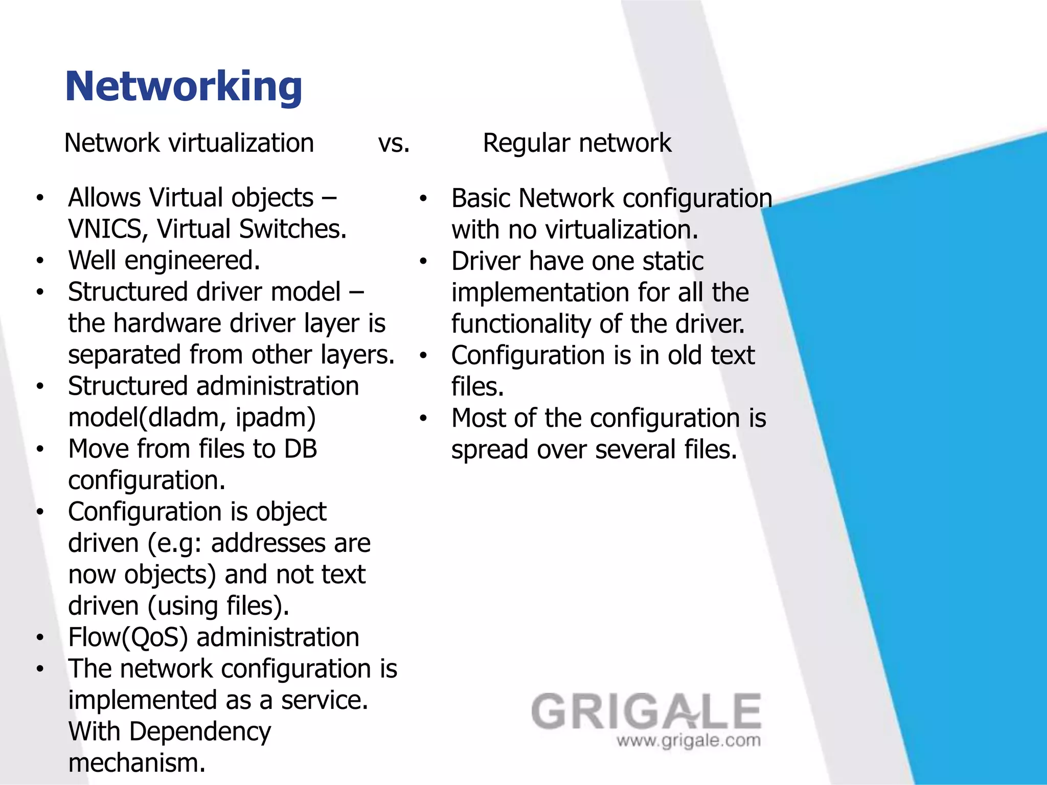 Networking
Network virtualization

vs.

• Allows Virtual objects –
VNICS, Virtual Switches.
• Well engineered.
• Structured driver model –
the hardware driver layer is
separated from other layers.
• Structured administration
model(dladm, ipadm)
• Move from files to DB
configuration.
• Configuration is object
driven (e.g: addresses are
now objects) and not text
driven (using files).
• Flow(QoS) administration
• The network configuration is
implemented as a service.
With Dependency
mechanism.

Regular network
• Basic Network configuration
with no virtualization.
• Driver have one static
implementation for all the
functionality of the driver.
• Configuration is in old text
files.
• Most of the configuration is
spread over several files.

 
