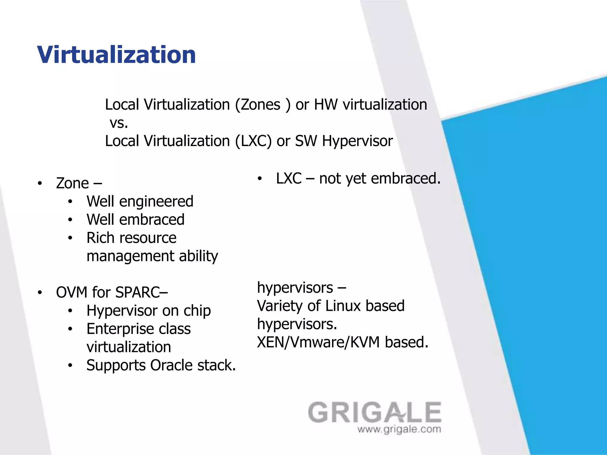 Virtualization
Local Virtualization (Zones ) or HW virtualization
vs.
Local Virtualization (LXC) or SW Hypervisor
• Zone –
• Well engineered
• Well embraced
• Rich resource
management ability

• LXC – not yet embraced.

• OVM for SPARC–
• Hypervisor on chip
• Enterprise class
virtualization
• Supports Oracle stack.

hypervisors –
Variety of Linux based
hypervisors.
XEN/Vmware/KVM based.

 
