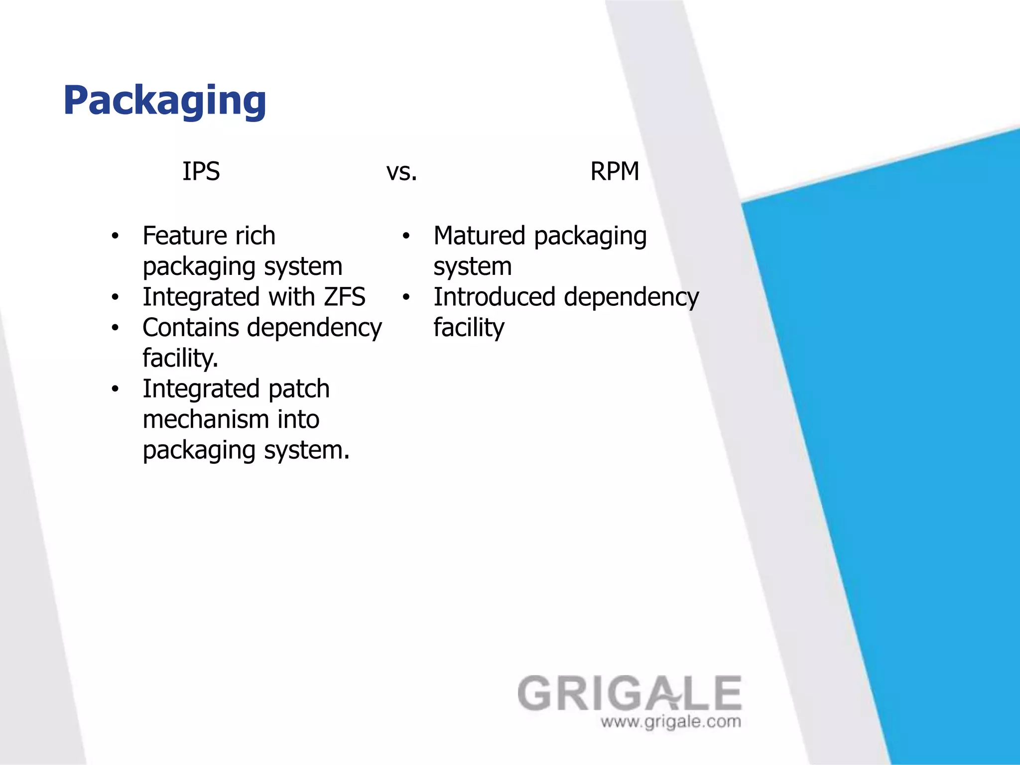 Packaging
IPS

vs.

RPM

• Feature rich
• Matured packaging
packaging system
system
• Integrated with ZFS • Introduced dependency
• Contains dependency
facility
facility.
• Integrated patch
mechanism into
packaging system.

 