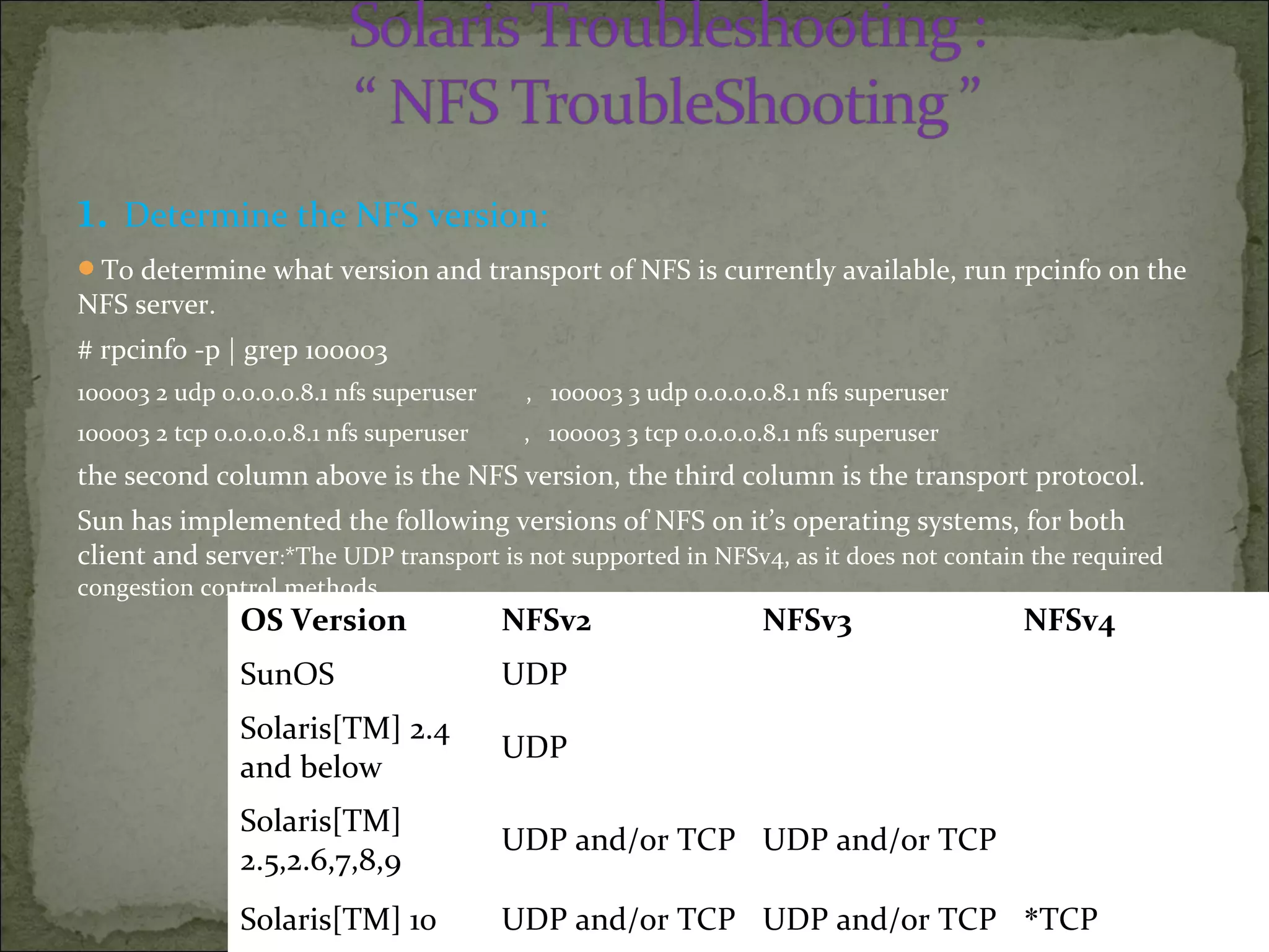 1. Determine the NFS version:
To determine what version and transport of NFS is currently available, run rpcinfo on the
NFS server.
# rpcinfo -p | grep 100003
100003 2 udp 0.0.0.0.8.1 nfs superuser , 100003 3 udp 0.0.0.0.8.1 nfs superuser
100003 2 tcp 0.0.0.0.8.1 nfs superuser , 100003 3 tcp 0.0.0.0.8.1 nfs superuser
the second column above is the NFS version, the third column is the transport protocol.
Sun has implemented the following versions of NFS on it’s operating systems, for both
client and server:*The UDP transport is not supported in NFSv4, as it does not contain the required
congestion control methods
OS Version NFSv2 NFSv3 NFSv4
SunOS UDP    
Solaris[TM] 2.4
and below
UDP    
Solaris[TM]
2.5,2.6,7,8,9
UDP and/or TCP UDP and/or TCP  
Solaris[TM] 10 UDP and/or TCP UDP and/or TCP TCP*
 