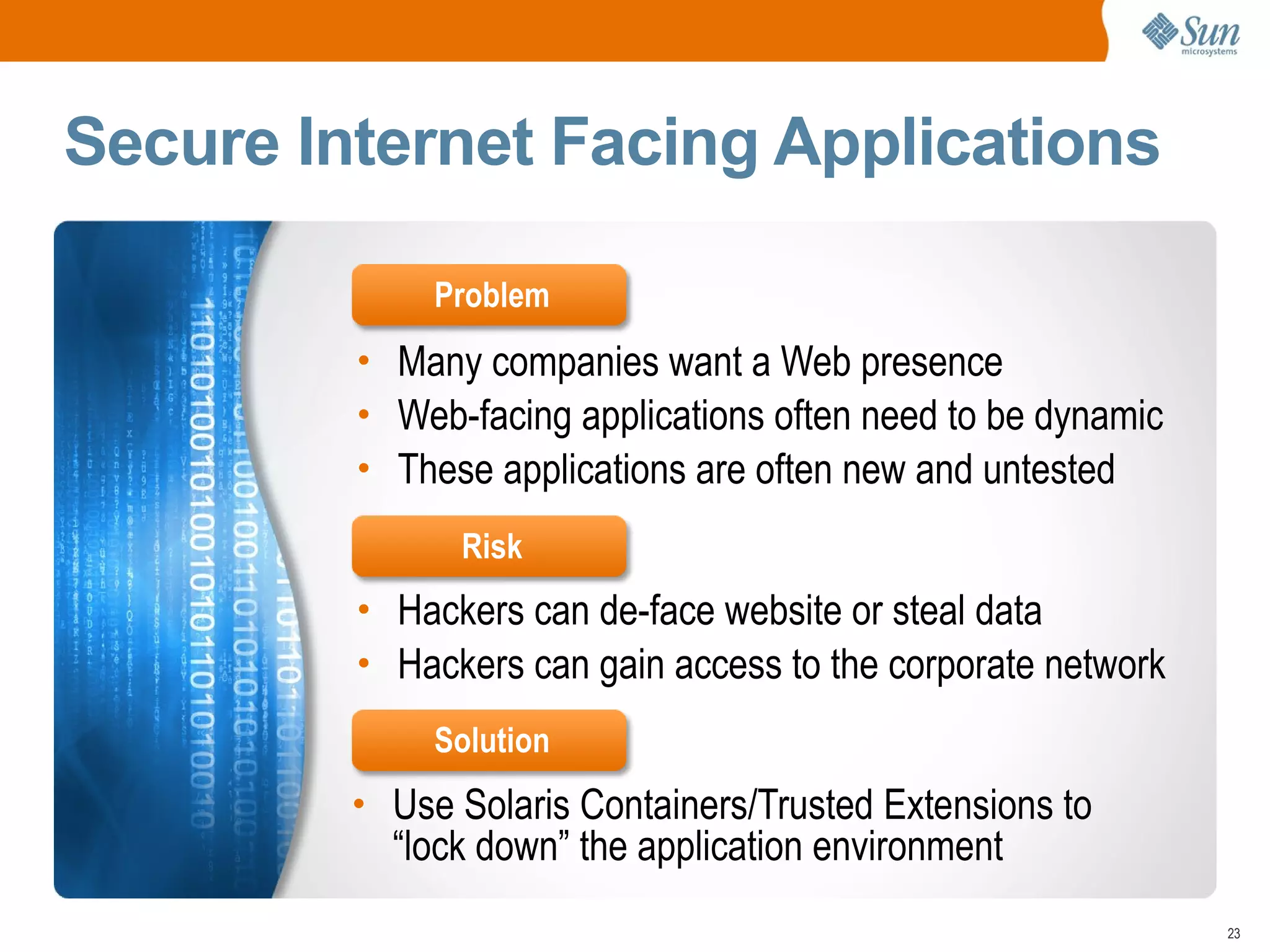 Secure Internet Facing Applications

              Problem
         • Many companies want a Web presence
         • Web-facing applications often need to be dynamic
         • These applications are often new and untested

               Risk
         • Hackers can de-face website or steal data
         • Hackers can gain access to the corporate network
              Solution
         • Use Solaris Containers/Trusted Extensions to
           “lock down” the application environment
                                                              23
 