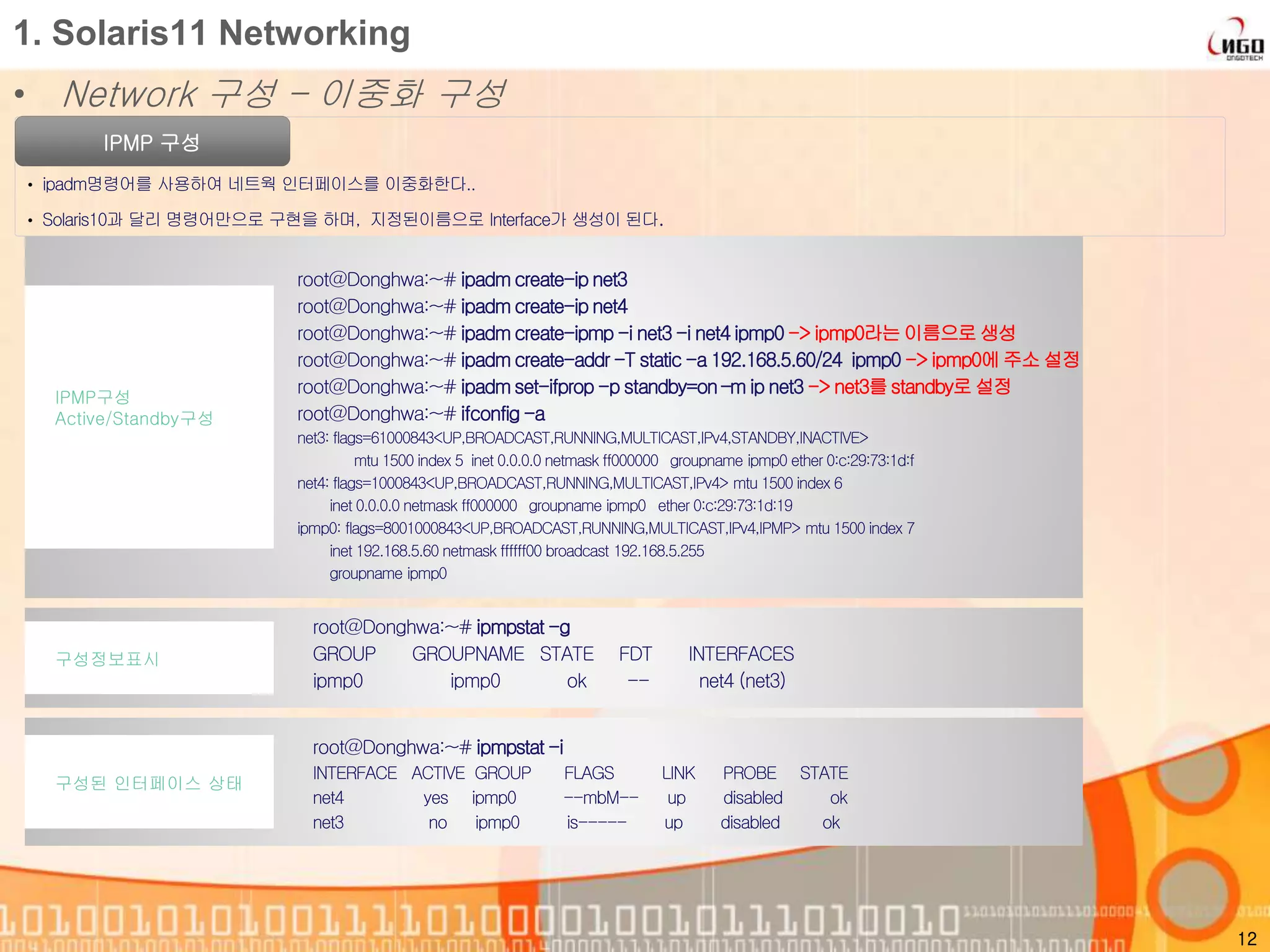 1. Solaris11 Networking
• Network 구성 – 이중화 구성
IPMP 구성
• ipadm명령어를 사용하여 네트웍 인터페이스를 이중화한다..
• Solaris10과 달리 명령어만으로 구현을 하며, 지정된이름으로 Interface가 생성이 된다.
12
root@Donghwa:~# ipadmcreate-ip net3
root@Donghwa:~# ipadmcreate-ip net4
root@Donghwa:~# ipadmcreate-ipmp -i net3 -i net4 ipmp0 -> ipmp0라는이름으로생성
root@Donghwa:~# ipadmcreate-addr -T static -a 192.168.5.60/24 ipmp0 -> ipmp0에주소 설정
root@Donghwa:~# ipadmset-ifprop -p standby=on –m ip net3 -> net3를standby로 설정
root@Donghwa:~# ifconfig -a
net3: flags=61000843<UP,BROADCAST,RUNNING,MULTICAST,IPv4,STANDBY,INACTIVE>
mtu 1500 index 5 inet 0.0.0.0 netmask ff000000 groupname ipmp0 ether 0:c:29:73:1d:f
net4: flags=1000843<UP,BROADCAST,RUNNING,MULTICAST,IPv4> mtu 1500 index 6
inet 0.0.0.0 netmask ff000000 groupname ipmp0 ether 0:c:29:73:1d:19
ipmp0: flags=8001000843<UP,BROADCAST,RUNNING,MULTICAST,IPv4,IPMP> mtu 1500 index 7
inet 192.168.5.60 netmask ffffff00 broadcast 192.168.5.255
groupname ipmp0
IPMP구성
Active/Standby구성
root@Donghwa:~# ipmpstat -g
GROUP GROUPNAME STATE FDT INTERFACES
ipmp0 ipmp0 ok -- net4 (net3)
구성정보표시
root@Donghwa:~# ipmpstat -i
INTERFACE ACTIVE GROUP FLAGS LINK PROBE STATE
net4 yes ipmp0 --mbM-- up disabled ok
net3 no ipmp0 is----- up disabled ok
구성된 인터페이스 상태
 