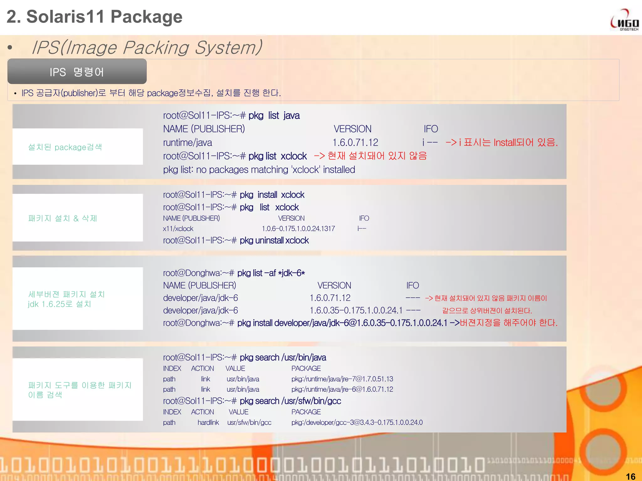 • IPS(Image Packing System)
16
2. Solaris11 Package
IPS 명령어
• IPS 공급자(publisher)로 부터 해당 package정보수집, 설치를 진행 한다.
root@Sol11-IPS:~# pkg list java
NAME (PUBLISHER) VERSION IFO
runtime/java 1.6.0.71.12 i -- -> i 표시는 Install되어 있음.
root@Sol11-IPS:~# pkg list xclock -> 현재 설치돼어 있지 않음
pkg list: no packages matching 'xclock' installed
설치된 package검색
root@Sol11-IPS:~# pkg install xclock
root@Sol11-IPS:~# pkg list xclock
NAME (PUBLISHER) VERSION IFO
x11/xclock 1.0.6-0.175.1.0.0.24.1317 i--
root@Sol11-IPS:~# pkg uninstall xclock
패키지 설치 & 삭제
root@Sol11-IPS:~# pkg search /usr/bin/java
INDEX ACTION VALUE PACKAGE
path link usr/bin/java pkg:/runtime/java/jre-7@1.7.0.51.13
path link usr/bin/java pkg:/runtime/java/jre-6@1.6.0.71.12
root@Sol11-IPS:~# pkg search /usr/sfw/bin/gcc
INDEX ACTION VALUE PACKAGE
path hardlink usr/sfw/bin/gcc pkg:/developer/gcc-3@3.4.3-0.175.1.0.0.24.0
패키지 도구를 이용한 패키지
이름 검색
root@Donghwa:~# pkg list -af *jdk-6*
NAME (PUBLISHER) VERSION IFO
developer/java/jdk-6 1.6.0.71.12 --- ->현재설치돼어있지않음패키지이름이
developer/java/jdk-6 1.6.0.35-0.175.1.0.0.24.1 --- 같으므로상위버젼이설치된다.
root@Donghwa:~# pkg installdeveloper/java/jdk-6@1.6.0.35-0.175.1.0.0.24.1->버젼지정을 해주어야 한다.
세부버젼 패키지 설치
jdk 1.6.25로 설치
 