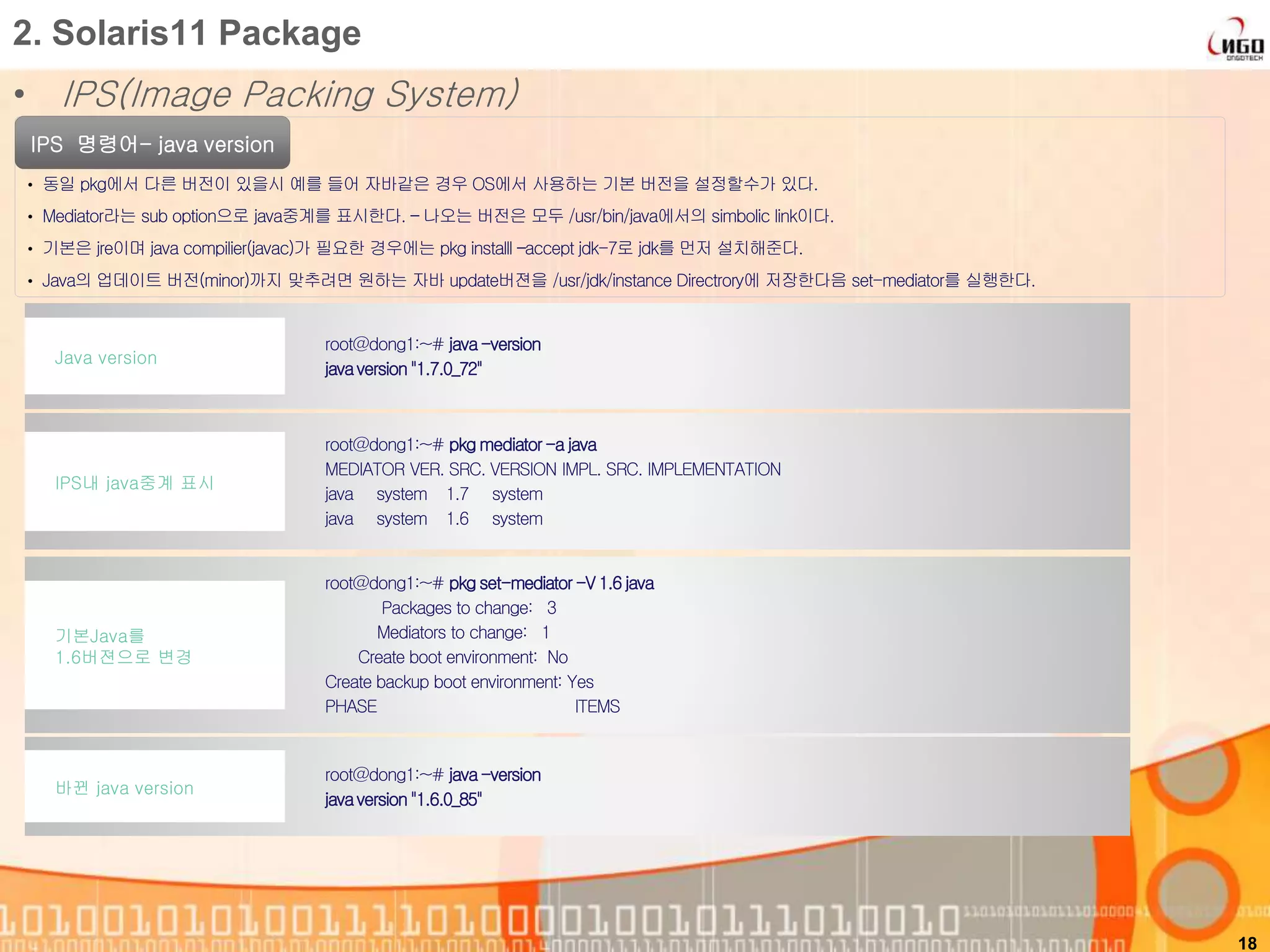 • IPS(Image Packing System)
18
2. Solaris11 Package
IPS 명령어- java version
root@dong1:~# java-version
javaversion"1.7.0_72"
Java version
root@dong1:~# pkg mediator-a java
MEDIATOR VER. SRC. VERSION IMPL. SRC. IMPLEMENTATION
java system 1.7 system
java system 1.6 system
IPS내 java중계 표시
• 동일 pkg에서 다른 버전이 있을시 예를 들어 자바같은 경우 OS에서 사용하는 기본 버전을 설정할수가 있다.
• Mediator라는 sub option으로 java중계를 표시한다. – 나오는 버전은 모두 /usr/bin/java에서의 simbolic link이다.
• 기본은 jre이며 java compilier(javac)가 필요한 경우에는 pkg installl –accept jdk-7로 jdk를 먼저 설치해준다.
• Java의 업데이트 버전(minor)까지 맞추려면 원하는 자바 update버젼을 /usr/jdk/instance Directrory에 저장한다음 set-mediator를 실행한다.
root@dong1:~# pkg set-mediator-V 1.6 java
Packages to change: 3
Mediators to change: 1
Create boot environment: No
Create backup boot environment: Yes
PHASE ITEMS
기본Java를
1.6버젼으로 변경
root@dong1:~# java-version
javaversion"1.6.0_85"
바뀐 java version
 