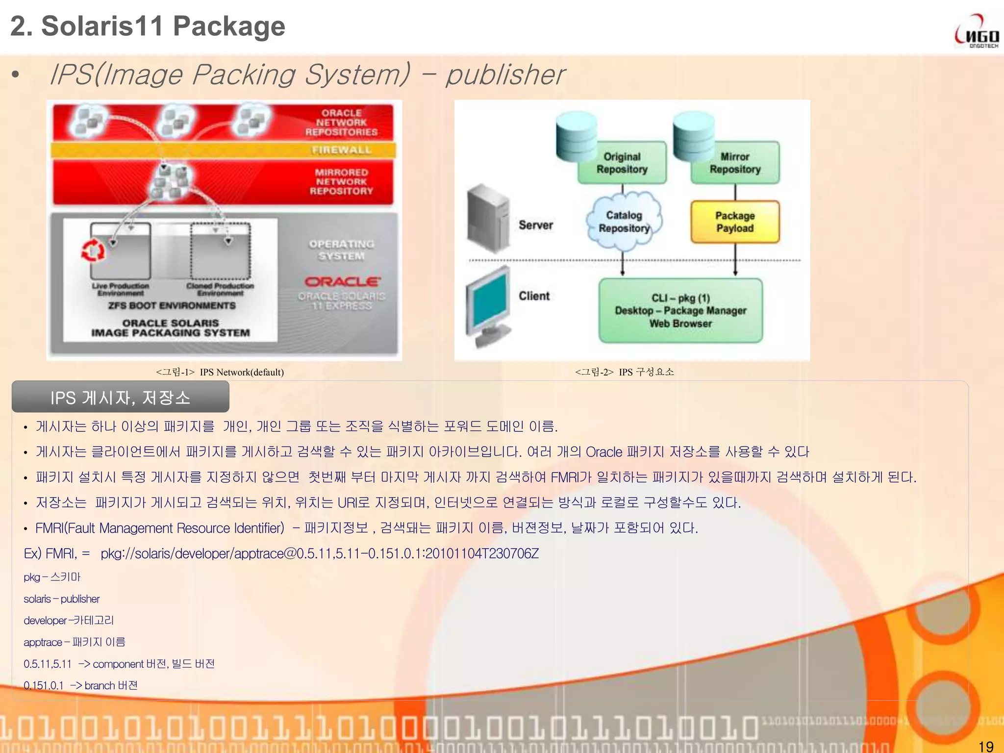 • IPS(Image Packing System) - publisher
19
2. Solaris11 Package
<그림-1> IPS Network(default) <그림-2> IPS 구성요소
IPS 게시자, 저장소
• 게시자는 하나 이상의 패키지를 개인, 개인 그룹 또는 조직을 식별하는 포워드 도메인 이름.
• 게시자는 클라이언트에서 패키지를 게시하고 검색할 수 있는 패키지 아카이브입니다. 여러 개의 Oracle 패키지 저장소를 사용할 수 있다
• 패키지 설치시 특정 게시자를 지정하지 않으면 첫번째 부터 마지막 게시자 까지 검색하여 FMRI가 일치하는 패키지가 있을때까지 검색하며 설치하게 된다.
• 저장소는 패키지가 게시되고 검색되는 위치, 위치는 URI로 지정되며, 인터넷으로 연결되는 방식과 로컬로 구성할수도 있다.
• FMRI(Fault Management Resource Identifier) - 패키지정보 , 검색돼는 패키지 이름, 버젼정보, 날짜가 포함되어 있다.
Ex) FMRI, = pkg://solaris/developer/apptrace@0.5.11,5.11-0.151.0.1:20101104T230706Z
pkg– 스키마
solaris– publisher
developer–카테고리
apptrace– 패키지이름
0.5.11,5.11 -> component버전,빌드버전
0.151.0.1 -> branch 버젼
 