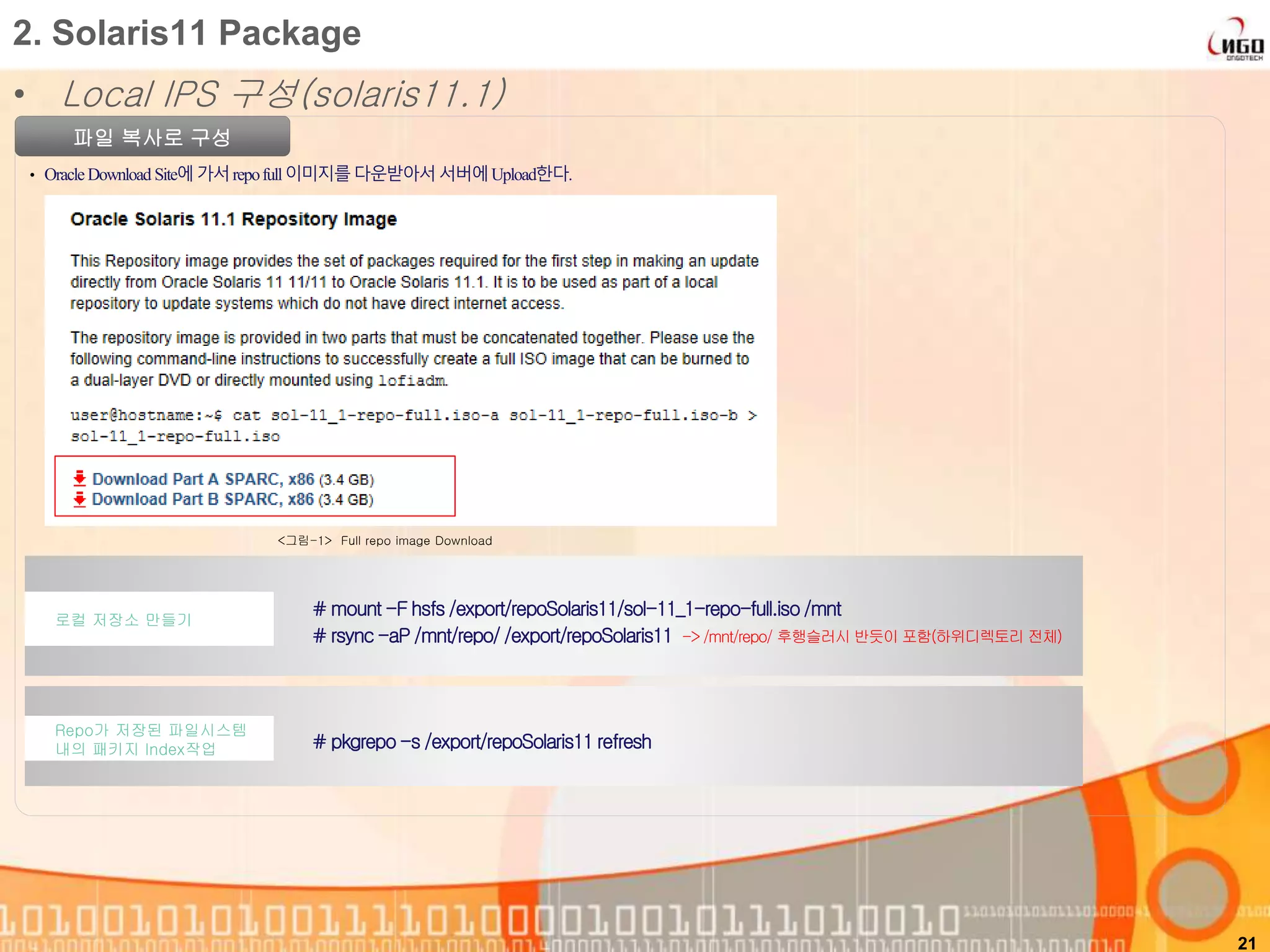 • Local IPS 구성(solaris11.1)
21
2. Solaris11 Package
파일 복사로 구성
• OracleDownload Site에가서repofull이미지를다운받아서서버에Upload한다.
# mount -F hsfs /export/repoSolaris11/sol-11_1-repo-full.iso/mnt
# rsync -aP /mnt/repo/ /export/repoSolaris11 -> /mnt/repo/ 후행슬러시 반듯이 포함(하위디렉토리 전체)
로컬 저장소 만들기
# pkgrepo-s /export/repoSolaris11 refresh
Repo가 저장된 파일시스템
내의 패키지 Index작업
<그림-1> Full repo image Download
 