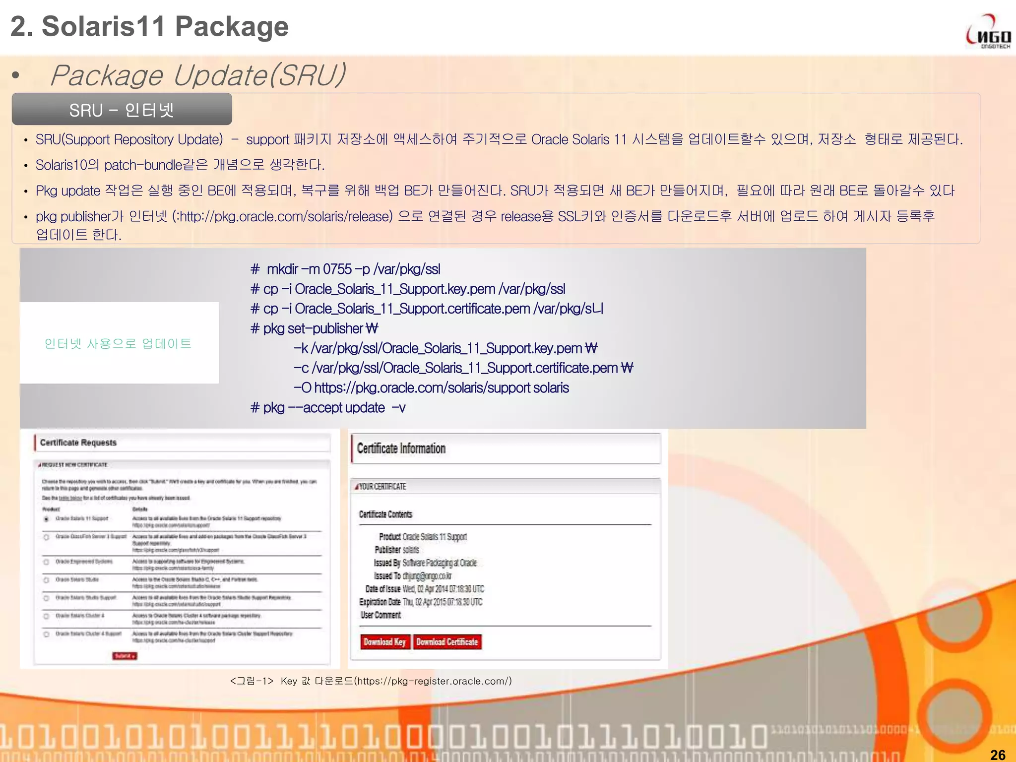 • Package Update(SRU)
26
2. Solaris11 Package
SRU - 인터넷
• SRU(Support Repository Update) - support 패키지 저장소에 액세스하여 주기적으로 Oracle Solaris 11 시스템을 업데이트할수 있으며, 저장소 형태로 제공된다.
• Solaris10의 patch-bundle같은 개념으로 생각한다.
• Pkg update 작업은 실행 중인 BE에 적용되며, 복구를 위해 백업 BE가 만들어진다. SRU가 적용되면 새 BE가 만들어지며, 필요에 따라 원래 BE로 돌아갈수 있다
• pkg publisher가 인터넷 (:http://pkg.oracle.com/solaris/release) 으로 연결된 경우 release용 SSL키와 인증서를 다운로드후 서버에 업로드 하여 게시자 등록후
업데이트 한다.
# mkdir-m 0755-p /var/pkg/ssl
# cp -i Oracle_Solaris_11_Support.key.pem/var/pkg/ssl
# cp -i Oracle_Solaris_11_Support.certificate.pem/var/pkg/s니
# pkg set-publisher
-k/var/pkg/ssl/Oracle_Solaris_11_Support.key.pem
-c /var/pkg/ssl/Oracle_Solaris_11_Support.certificate.pem 
-Ohttps://pkg.oracle.com/solaris/supportsolaris
# pkg --acceptupdate -v
인터넷 사용으로 업데이트
<그림-1> Key 값 다운로드(https://pkg-register.oracle.com/)
 