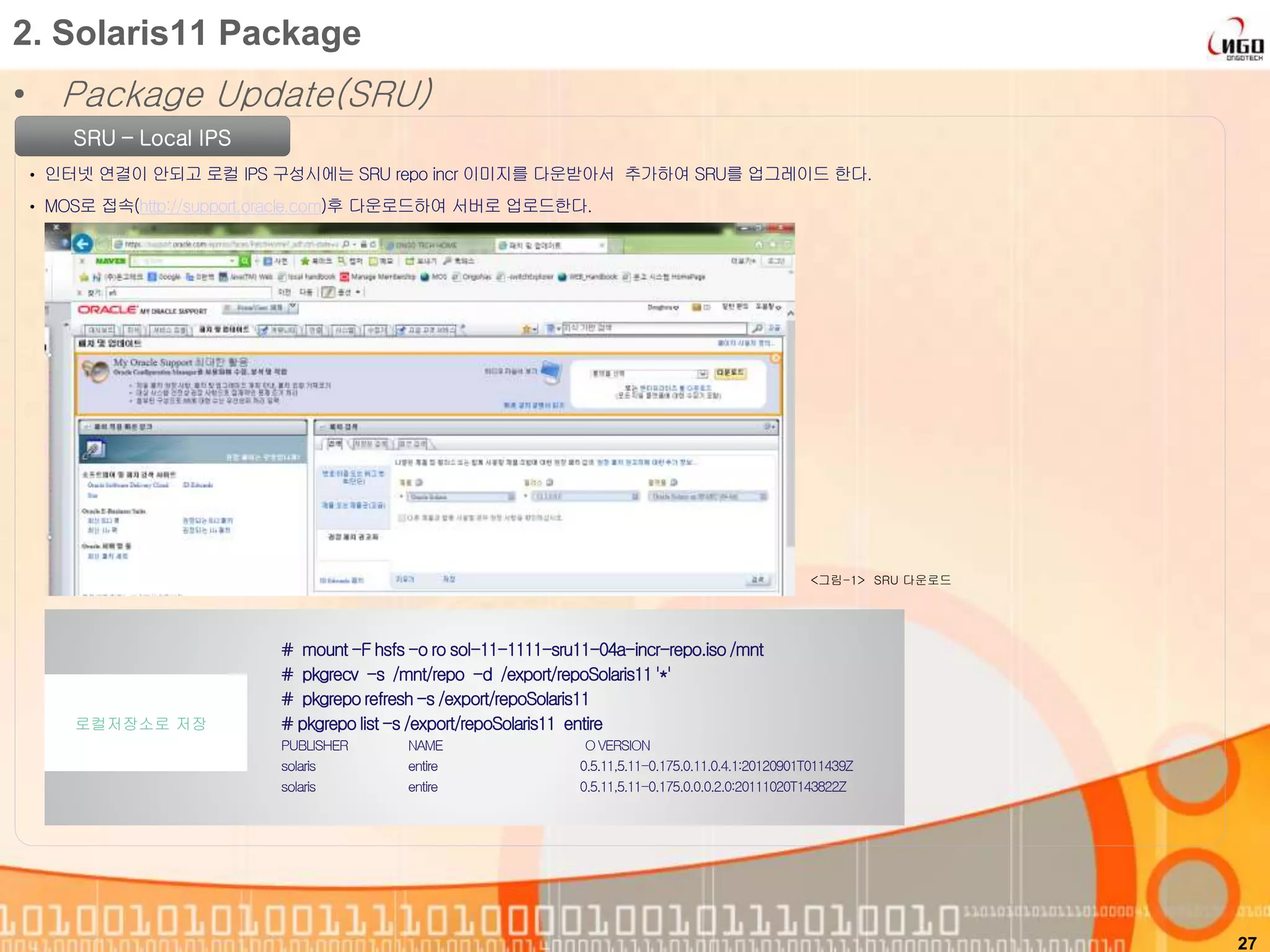 • Package Update(SRU)
27
2. Solaris11 Package
SRU – Local IPS
• 인터넷 연결이 안되고 로컬 IPS 구성시에는 SRU repo incr 이미지를 다운받아서 추가하여 SRU를 업그레이드 한다.
• MOS로 접속(http://support.oracle.com)후 다운로드하여 서버로 업로드한다.
# mount -F hsfs-o ro sol-11-1111-sru11-04a-incr-repo.iso/mnt
# pkgrecv -s /mnt/repo -d /export/repoSolaris11'*'
# pkgreporefresh-s /export/repoSolaris11
# pkgrepo list-s /export/repoSolaris11 entire
PUBLISHER NAME OVERSION
solaris entire 0.5.11,5.11-0.175.0.11.0.4.1:20120901T011439Z
solaris entire 0.5.11,5.11-0.175.0.0.0.2.0:20111020T143822Z
로컬저장소로 저장
<그림-1> SRU 다운로드
 