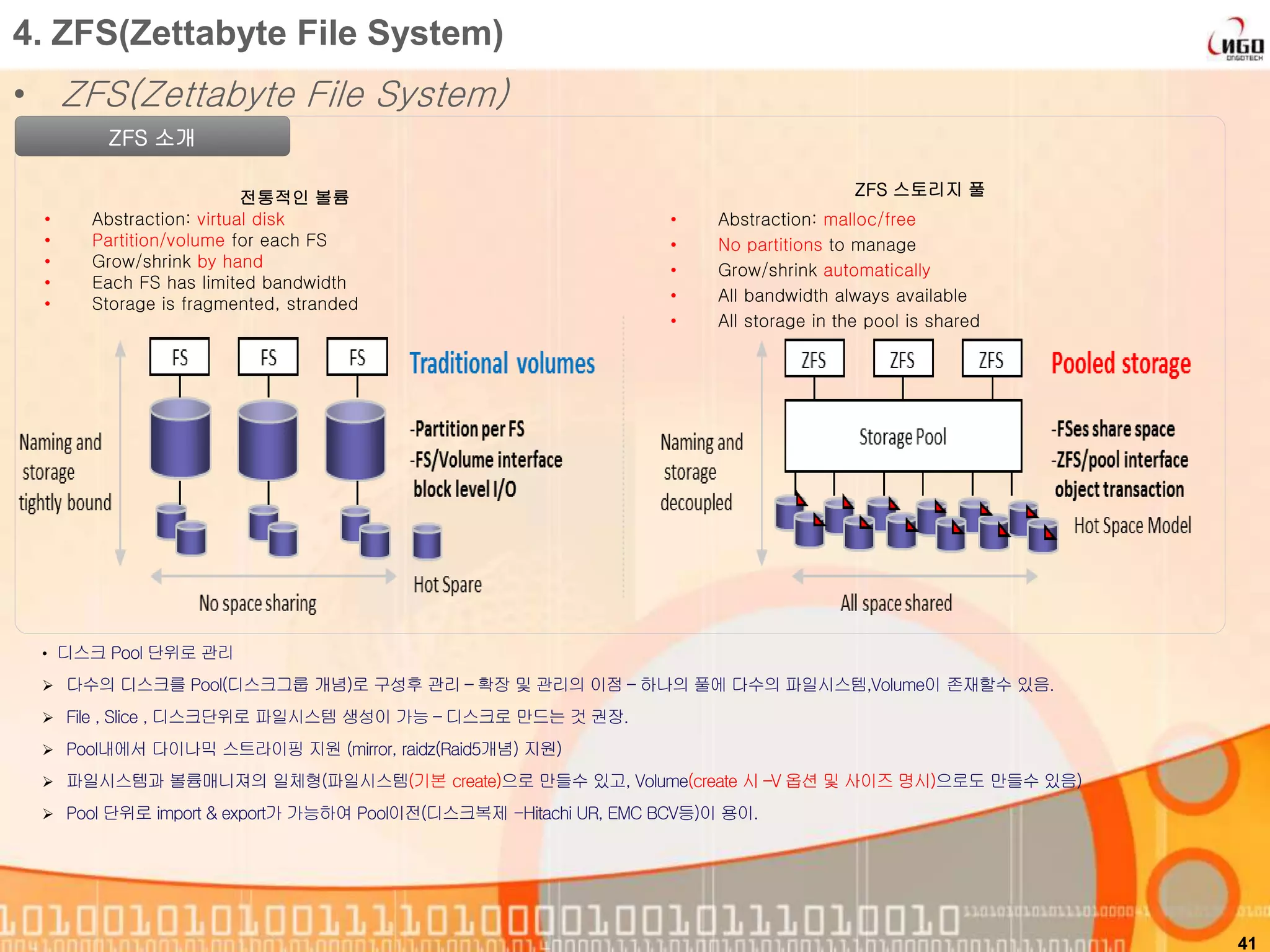 • ZFS(Zettabyte File System)
41
4. ZFS(Zettabyte File System)
ZFS 소개
전통적인 볼륨
• Abstraction: virtual disk
• Partition/volume for each FS
• Grow/shrink by hand
• Each FS has limited bandwidth
• Storage is fragmented, stranded
ZFS 스토리지 풀
• Abstraction: malloc/free
• No partitions to manage
• Grow/shrink automatically
• All bandwidth always available
• All storage in the pool is shared
• 디스크 Pool 단위로 관리
 다수의 디스크를 Pool(디스크그룹 개념)로 구성후 관리 – 확장 및 관리의 이점 – 하나의 풀에 다수의 파일시스템,Volume이 존재할수 있음.
 File , Slice , 디스크단위로 파일시스템 생성이 가능 – 디스크로 만드는 것 권장.
 Pool내에서 다이나믹 스트라이핑 지원 (mirror, raidz(Raid5개념) 지원)
 파일시스템과 볼륨매니져의 일체형(파일시스템(기본 create)으로 만들수 있고, Volume(create 시 –V 옵션 및 사이즈 명시)으로도 만들수 있음)
 Pool 단위로 import & export가 가능하여 Pool이전(디스크복제 -Hitachi UR, EMC BCV등)이 용이.
 