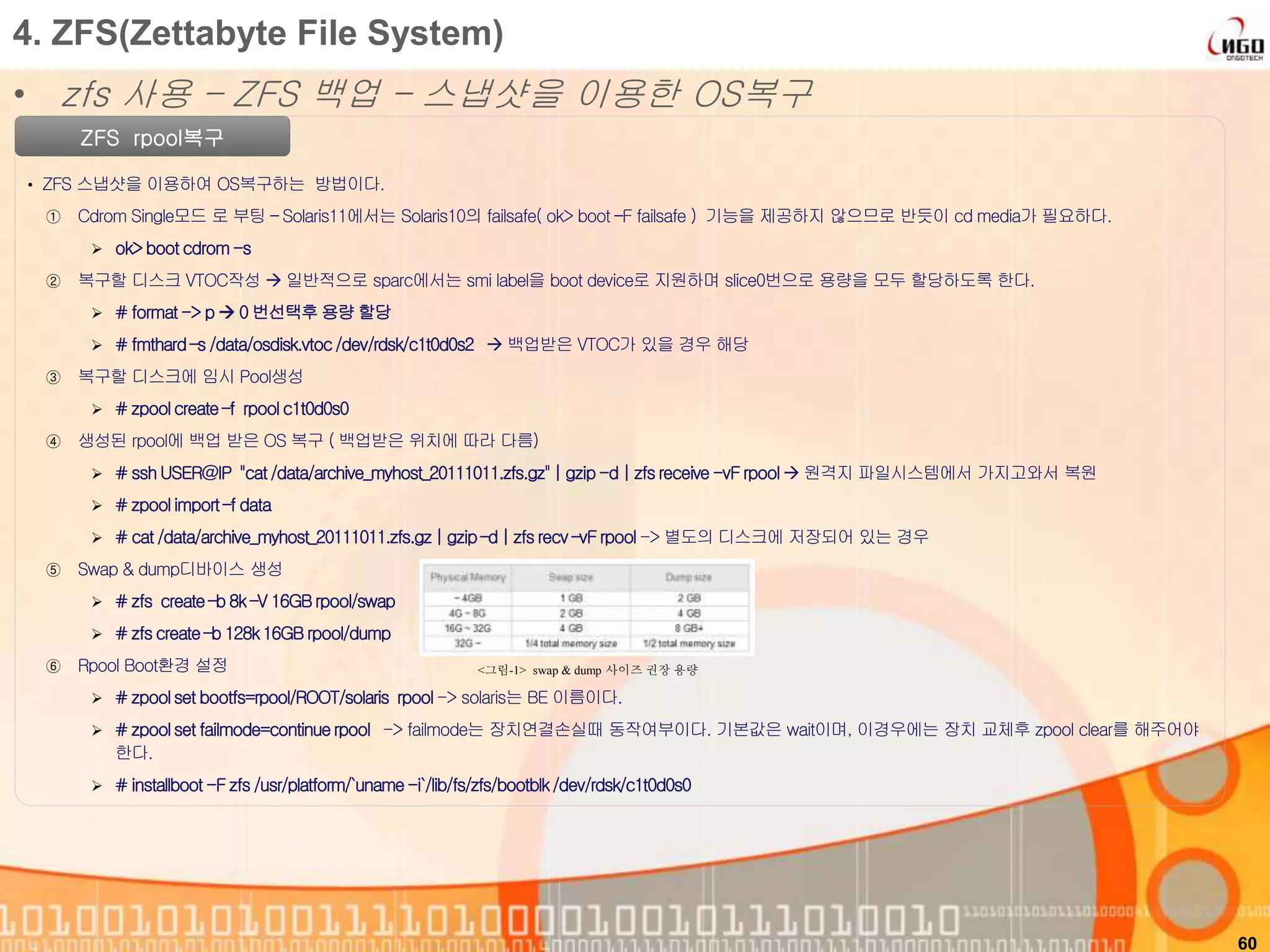60
ZFS rpool복구
• ZFS 스냅샷을 이용하여 OS복구하는 방법이다.
① Cdrom Single모드 로 부팅 – Solaris11에서는 Solaris10의 failsafe( ok> boot –F failsafe ) 기능을 제공하지 않으므로 반듯이 cd media가 필요하다.
 ok>boot cdrom-s
② 복구할 디스크 VTOC작성  일반적으로 sparc에서는 smi label을 boot device로 지원하며 slice0번으로 용량을 모두 할당하도록 한다.
 # format-> p  0 번선택후 용량 할당
 # fmthard–s /data/osdisk.vtoc/dev/rdsk/c1t0d0s2  백업받은 VTOC가 있을 경우 해당
③ 복구할 디스크에 임시 Pool생성
 # zpoolcreate–f rpool c1t0d0s0
④ 생성된 rpool에 백업 받은 OS 복구 ( 백업받은 위치에 따라 다름)
 # ssh USER@IP "cat/data/archive_myhost_20111011.zfs.gz" | gzip-d | zfsreceive -vF rpool 원격지 파일시스템에서 가지고와서 복원
 # zpoolimport–f data
 # cat /data/archive_myhost_20111011.zfs.gz | gzip–d | zfsrecv –vF rpool -> 별도의 디스크에 저장되어 있는 경우
⑤ Swap & dump디바이스 생성
 # zfs create–b 8k –V 16GBrpool/swap
 # zfscreate–b 128k16GB rpool/dump
⑥ Rpool Boot환경 설정
 # zpoolset bootfs=rpool/ROOT/solaris rpool-> solaris는 BE 이름이다.
 # zpoolset failmode=continuerpool -> failmode는 장치연결손실때 동작여부이다. 기본값은 wait이며, 이경우에는 장치 교체후 zpool clear를 해주어야
한다.
 # installboot -F zfs /usr/platform/`uname-i`/lib/fs/zfs/bootblk/dev/rdsk/c1t0d0s0
4. ZFS(Zettabyte File System)
• zfs 사용 – ZFS 백업 – 스냅샷을 이용한 OS복구
<그림-1> swap & dump 사이즈 권장 용량
 