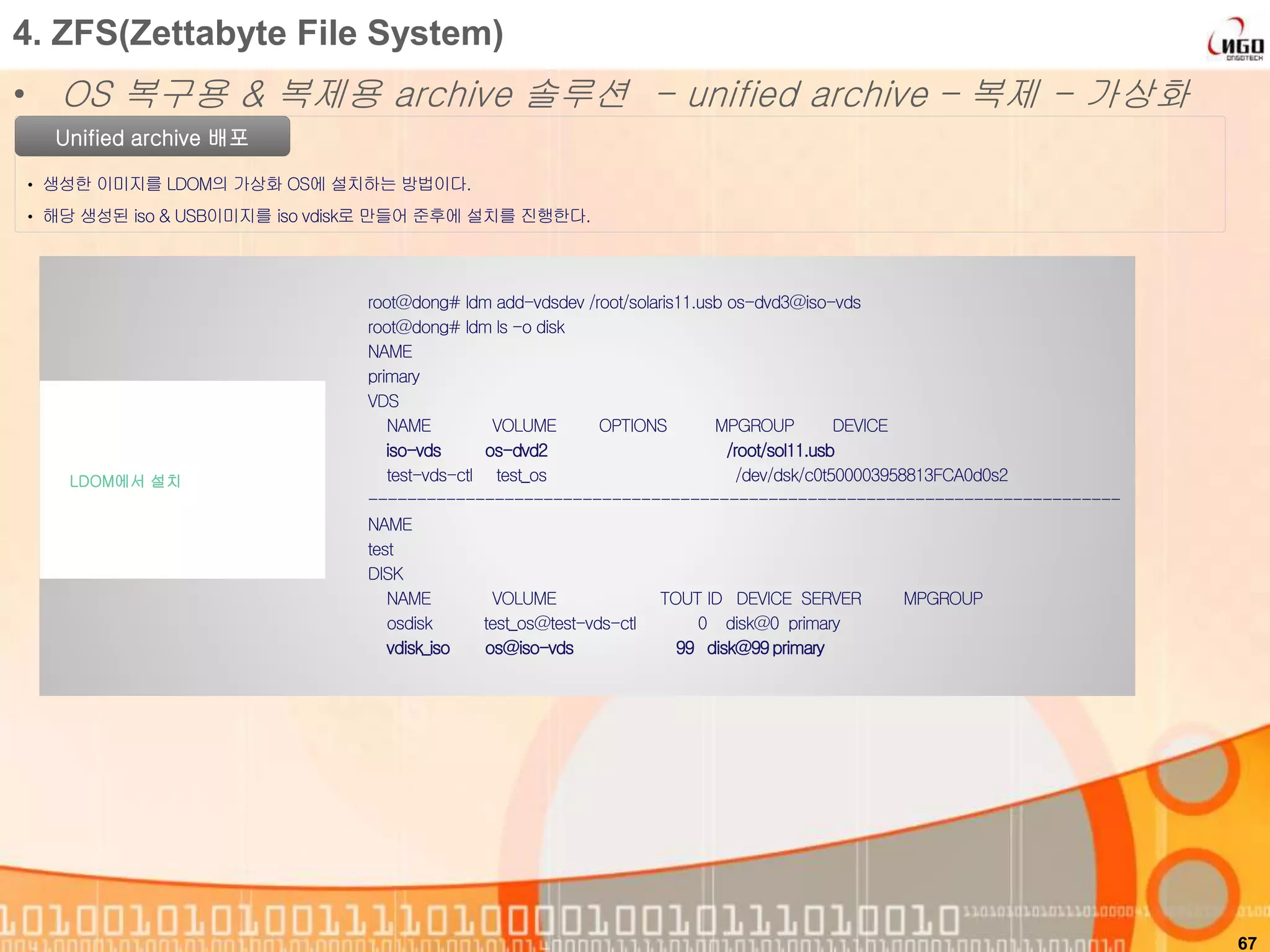 67
Unified archive 배포
• 생성한 이미지를 LDOM의 가상화 OS에 설치하는 방법이다.
• 해당 생성된 iso & USB이미지를 iso vdisk로 만들어 준후에 설치를 진행한다.
4. ZFS(Zettabyte File System)
• OS 복구용 & 복제용 archive 솔루션 - unified archive – 복제 - 가상화
root@dong# ldm add-vdsdev /root/solaris11.usb os-dvd3@iso-vds
root@dong# ldm ls -o disk
NAME
primary
VDS
NAME VOLUME OPTIONS MPGROUP DEVICE
iso-vds os-dvd2 /root/sol11.usb
test-vds-ctl test_os /dev/dsk/c0t500003958813FCA0d0s2
-----------------------------------------------------------------------------
NAME
test
DISK
NAME VOLUME TOUT ID DEVICE SERVER MPGROUP
osdisk test_os@test-vds-ctl 0 disk@0 primary
vdisk_iso os@iso-vds 99 disk@99primary
LDOM에서 설치
 
