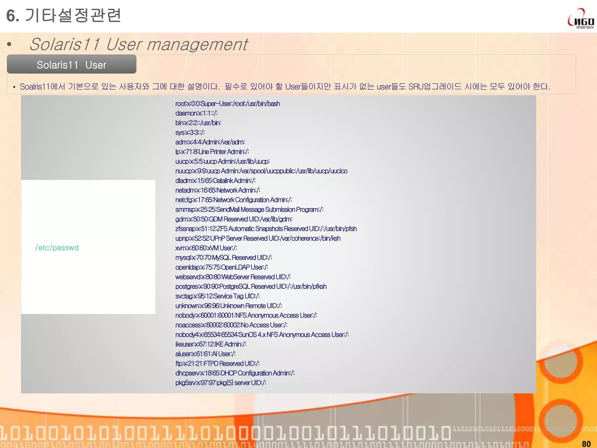80
Solaris11 User
6. 기타설정관련
• Solaris11 User management
root:x:0:0:Super-User:/root:/usr/bin/bash
daemon:x:1:1::/:
bin:x:2:2::/usr/bin:
sys:x:3:3::/:
adm:x:4:4:Admin:/var/adm:
lp:x:71:8:LinePrinterAdmin:/:
uucp:x:5:5:uucpAdmin:/usr/lib/uucp:
nuucp:x:9:9:uucpAdmin:/var/spool/uucppublic:/usr/lib/uucp/uucico
dladm:x:15:65:DatalinkAdmin:/:
netadm:x:16:65:NetworkAdmin:/:
netcfg:x:17:65:NetworkConfigurationAdmin:/:
smmsp:x:25:25:SendMailMessageSubmissionProgram:/:
gdm:x:50:50:GDMReservedUID:/var/lib/gdm:
zfssnap:x:51:12:ZFSAutomaticSnapshotsReservedUID:/:/usr/bin/pfsh
upnp:x:52:52:UPnPServerReservedUID:/var/coherence:/bin/ksh
xvm:x:60:60:xVMUser:/:
mysql:x:70:70:MySQLReservedUID:/:
openldap:x:75:75:OpenLDAPUser:/:
webservd:x:80:80:WebServerReservedUID:/:
postgres:x:90:90:PostgreSQLReservedUID:/:/usr/bin/pfksh
svctag:x:95:12:ServiceTagUID:/:
unknown:x:96:96:UnknownRemoteUID:/:
nobody:x:60001:60001:NFSAnonymousAccessUser:/:
noaccess:x:60002:60002:NoAccessUser:/:
nobody4:x:65534:65534:SunOS4.xNFSAnonymousAccessUser:/:
ikeuser:x:67:12:IKEAdmin:/:
aiuser:x:61:61:AIUser:/:
ftp:x:21:21:FTPDReservedUID:/:
dhcpserv:x:18:65:DHCPConfigurationAdmin:/:
pkg5srv:x:97:97:pkg(5)serverUID:/:
/etc/passwd
• Soalris11에서 기본으로 있는 사용자와 그에 대한 설명이다. 필수로 있어야 할 User들이지만 표시가 없는 user들도 SRU업그레이드 시에는 모두 있어야 한다.
 