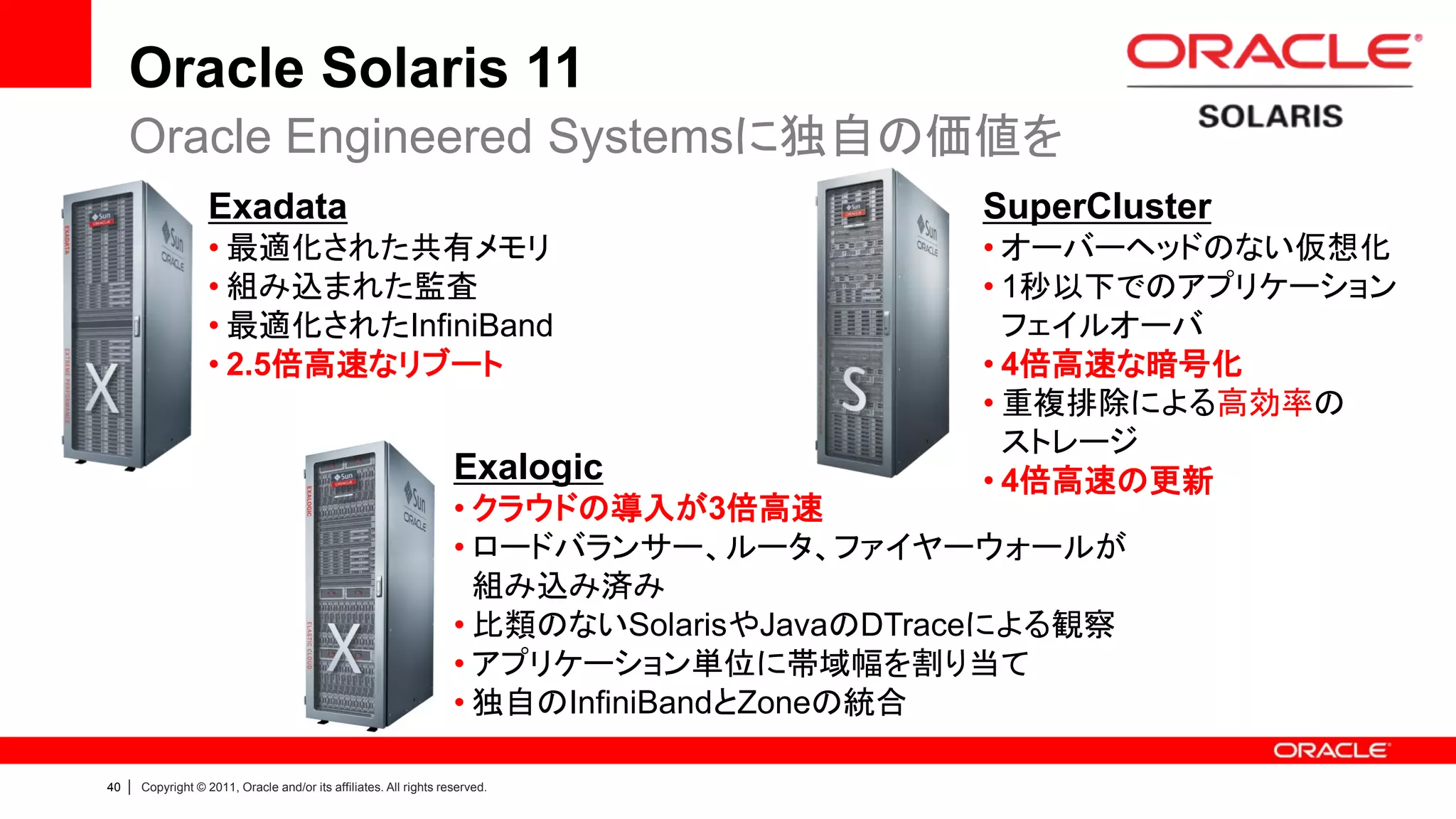 Oracle Solaris 11
     Oracle Engineered Systemsに独自の価値を
                      Exadata                                                                 SuperCluster
                      • 最適化された共有メモリ                                                           • オーバーヘッドのない仮想化
                      • 組み込まれた監査                                                              • 1秒以下でのアプリケーション
                      • 最適化されたInfiniBand                                                        フェイルオーバ
                      • 2.5倍高速なリブート                                                           • 4倍高速な暗号化
                                                                                              • 重複排除による高効率の
                                                                                                ストレージ
                                                                      Exalogic                • 4倍高速の更新
                                                                      • クラウドの導入が3倍高速
                                                                      • ロードバランサー、ルータ、ファイヤーウォールが
                                                                        組み込み済み
                                                                      • 比類のないSolarisやJavaのDTraceによる観察
                                                                      • アプリケーション単位に帯域幅を割り当て
                                                                      • 独自のInfiniBandとZoneの統合

40   |   Copyright © 2011, Oracle and/or its affiliates. All rights reserved.
 