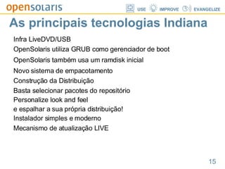As principais tecnologias Indiana Infra LiveDVD/USB  OpenSolaris utiliza GRUB como gerenciador de boot OpenSolaris também usa um ramdisk inicial Novo sistema de empacotamento Construção da Distribuição Basta selecionar pacotes do repositório Personalize look and feel e espalhar a sua própria distribuição! Instalador simples e moderno Mecanismo de atualização LIVE  
