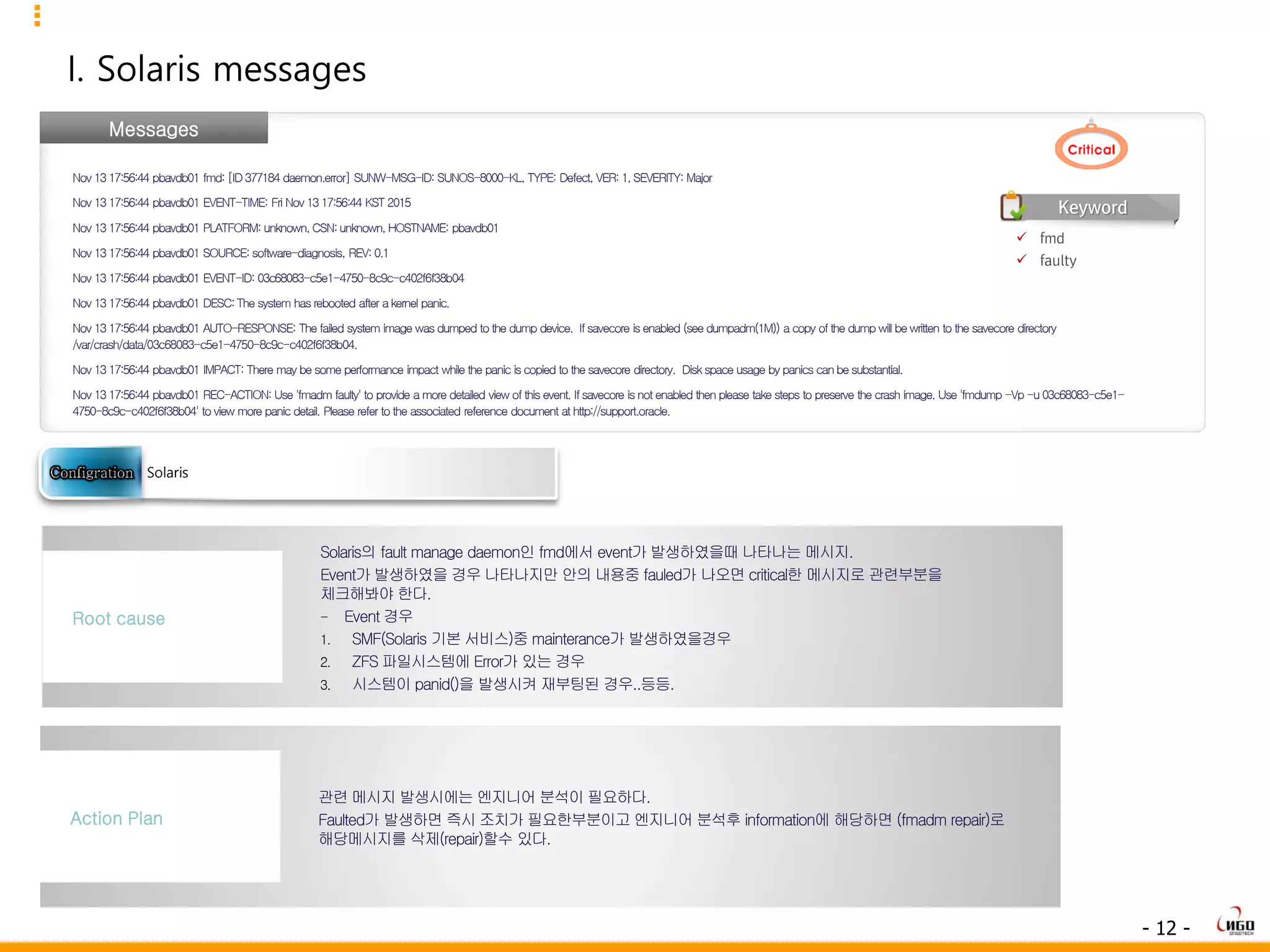 - 12 -
I. Solaris messages
Messages
Nov 1317:56:44 pbavdb01 fmd:[ID377184 daemon.error] SUNW-MSG-ID: SUNOS-8000-KL, TYPE: Defect, VER: 1,SEVERITY: Major
Nov 13 17:56:44 pbavdb01 EVENT-TIME: Fri Nov13 17:56:44 KST 2015
Nov 13 17:56:44 pbavdb01 PLATFORM: unknown,CSN:unknown,HOSTNAME: pbavdb01
Nov 13 17:56:44 pbavdb01 SOURCE:software-diagnosis, REV: 0.1
Nov 13 17:56:44 pbavdb01 EVENT-ID: 03c68083-c5e1-4750-8c9c-c402f6f38b04
Nov 13 17:56:44 pbavdb01 DESC:The system hasrebooted after akernel panic.
Nov 13 17:56:44 pbavdb01 AUTO-RESPONSE: The failed system image wasdumped to the dump device. Ifsavecore isenabled (see dumpadm(1M)) a copy ofthe dump will be written to the savecore directory
/var/crash/data/03c68083-c5e1-4750-8c9c-c402f6f38b04.
Nov 13 17:56:44 pbavdb01 IMPACT: There may be some performance impact while the panic iscopied to the savecore directory. Disk space usage by panics canbe substantial.
Nov 13 17:56:44 pbavdb01 REC-ACTION: Use 'fmadm faulty' to provide a more detailed view of this event. Ifsavecore isnot enabled then please take steps to preserve the crash image. Use 'fmdump -Vp -u 03c68083-c5e1-
4750-8c9c-c402f6f38b04' to view more panic detail. Please refer to the associated reference document at http://support.oracle.
Solaris의 fault manage daemon인 fmd에서 event가 발생하였을때 나타나는 메시지.
Event가 발생하였을 경우 나타나지만 안의 내용중 fauled가 나오면 critical한 메시지로 관련부분을
체크해봐야 한다.
- Event 경우
1. SMF(Solaris 기본 서비스)중 mainterance가 발생하였을경우
2. ZFS 파일시스템에 Error가 있는 경우
3. 시스템이 panid()을 발생시켜 재부팅된 경우..등등.
Root cause
관련 메시지 발생시에는 엔지니어 분석이 필요하다.
Faulted가 발생하면 즉시 조치가 필요한부분이고 엔지니어 분석후 information에 해당하면 (fmadm repair)로
해당메시지를 삭제(repair)할수 있다.
Action Plan
Solaris
 