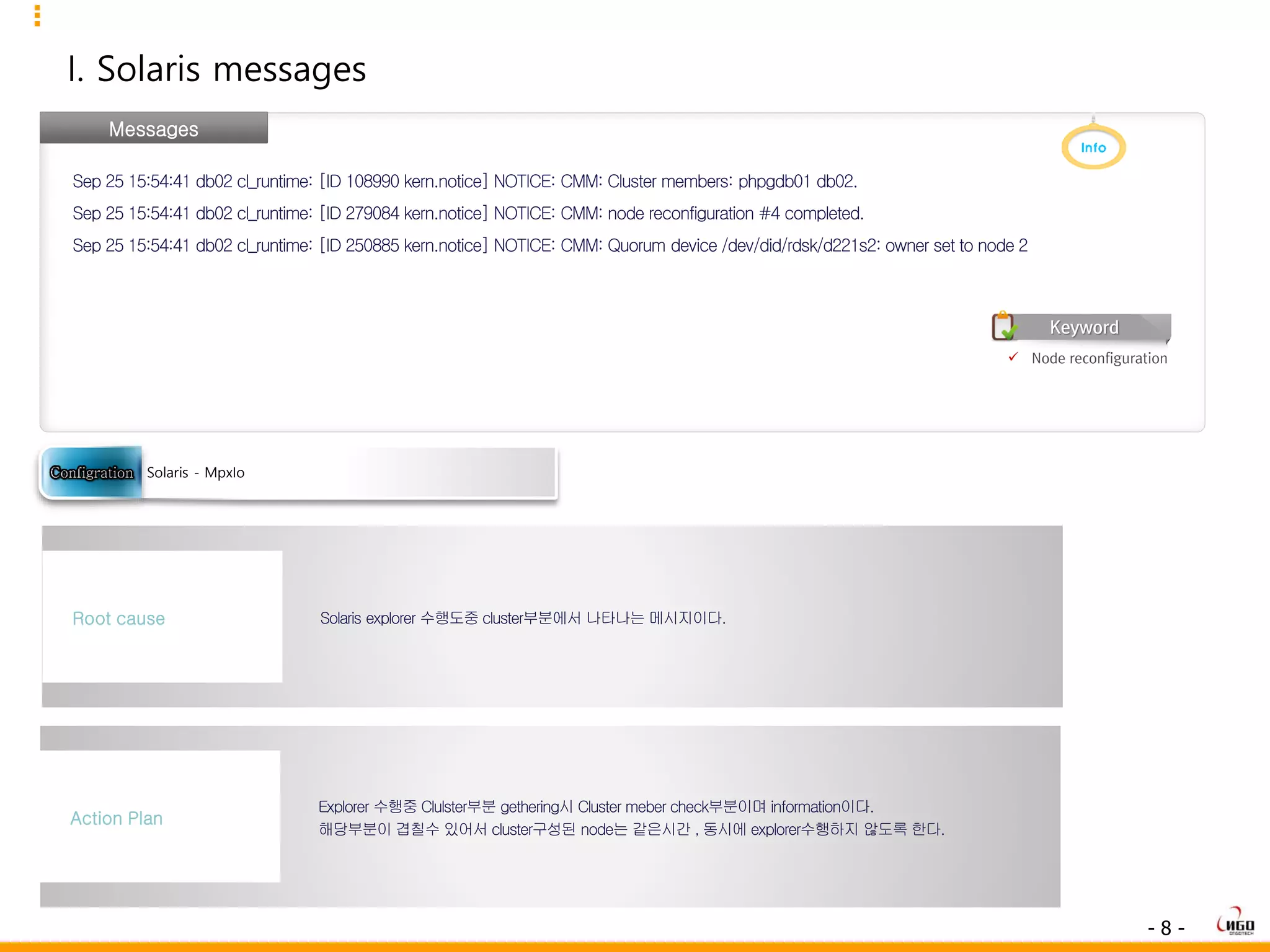 - 8 -
I. Solaris messages
Messages
Sep 25 15:54:41 db02 cl_runtime: [ID 108990 kern.notice] NOTICE: CMM: Cluster members: phpgdb01 db02.
Sep 25 15:54:41 db02 cl_runtime: [ID 279084 kern.notice] NOTICE: CMM: node reconfiguration #4 completed.
Sep 25 15:54:41 db02 cl_runtime: [ID 250885 kern.notice] NOTICE: CMM: Quorum device /dev/did/rdsk/d221s2: owner set to node 2
Solaris explorer 수행도중 cluster부분에서 나타나는 메시지이다.Root cause
Explorer 수행중 Clulster부분 gethering시 Cluster meber check부분이며 information이다.
해당부분이 겹칠수 있어서 cluster구성된 node는 같은시간 , 동시에 explorer수행하지 않도록 한다.
Action Plan
Solaris - MpxIo
 