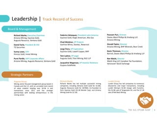 6
TSX: SLS; OTCQB: SLSSF
Richard Warke, Executive Chairman
Arizona Mining, Equinox Gold,
Augusta Resource, Ventana Gold
Daniel Earle, President & CEO
TD Securities
Sunny Lowe, CFO
Kinross Gold, Inmet Mining
Purni Parikh, SVP Corporate Affairs
Arizona Mining, Augusta Resource, Ventana Gold
Federico Velasquez, President Latin America
Equinox Gold, Anglo American, Alta Gas
Chad Wolahan, VP Projects
Ivanhoe Mines, Stantec, Newcrest
Jorge Fiero, VP Exploration
Equinox Gold, Lowell Copper, BHP
Tom Ladner, VP Legal
Augusta Gold, Titan Mining, BLG LLP
Jacqueline Wagenaar, VP Investor Relations
Guyana Goldfields
Poonam Puri, Director
Davies Ward Phillips & Vineberg LLP,
Arizona Mining
Donald Taylor, Director
Arizona Mining, BHP Minerals, Bear Creek
Kevin Thomson, Director
Barrick, Davies Ward Phillips & Vineberg LLP
Ron Walsh, Director
Walsh King LLP, Canadian Tax Foundation,
Vancouver Stock Exchange
Board & Management
Strategic Partners
Richard Warke
Richard Warke has led multiple successful mining
companies, including Ventana Gold (sold for $1.6B);
Augusta Resource (sold for $670M); Co-Founded to
form Equinox Gold ($2.2B Market Cap); and Arizona
Mining (sold for $2.1B).
Augusta Group
Mining sector-focused management group based in
Canada and the U.S. with an unrivaled track record
of value creation totaling over $4.5B in exit
transactions since 2011 and has strategic
partnerships with leading entrepreneurs in the
mining sector.
Leadership | Track Record of Success
Lundin Group
Lundin Group has led companies to numerous
discoveries and major transactions, including
Lundin Mining’s $3.3B merger with EuroZinc,
the $2.0B sale of Tanganyika Oil, and the $7.1B
sale of Red Back Mining.
 