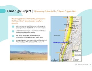 23
TSX: SLS; OTCQB: SLSSF
Tamarugo Project | Discovery Potential in Chilean Copper Belt
Solaris can earn up to a 75% inter...