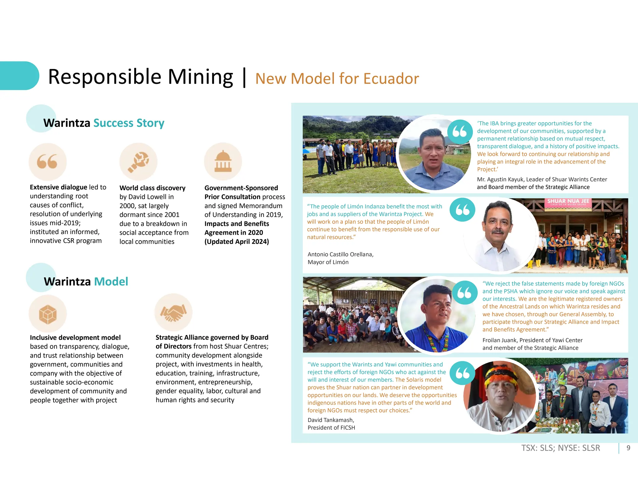 9
TSX: SLS; NYSE: SLSR
“The people of Limón Indanza benefit the most with
jobs and as suppliers of the Warintza Project. We
will work on a plan so that the people of Limón
continue to benefit from the responsible use of our
natural resources.”
Antonio Castillo Orellana,
Mayor of Limón
‘The IBA brings greater opportunities for the
development of our communities, supported by a
permanent relationship based on mutual respect,
transparent dialogue, and a history of positive impacts.
We look forward to continuing our relationship and
playing an integral role in the advancement of the
Project.’
Mr. Agustin Kayuk, Leader of Shuar Warints Center
and Board member of the Strategic Alliance
Responsible Mining | New Model for Ecuador
Warintza Success Story
World class discovery
by David Lowell in
2000, sat largely
dormant since 2001
due to a breakdown in
social acceptance from
local communities
Extensive dialogue led to
understanding root
causes of conflict,
resolution of underlying
issues mid-2019;
instituted an informed,
innovative CSR program
Government-Sponsored
Prior Consultation process
and signed Memorandum
of Understanding in 2019,
Impacts and Benefits
Agreement in 2020
(Updated April 2024)
Warintza Model
Inclusive development model
based on transparency, dialogue,
and trust relationship between
government, communities and
company with the objective of
sustainable socio-economic
development of community and
people together with project
Strategic Alliance governed by Board
of Directors from host Shuar Centres;
community development alongside
project, with investments in health,
education, training, infrastructure,
environment, entrepreneurship,
gender equality, labor, cultural and
human rights and security
“We reject the false statements made by foreign NGOs
and the PSHA which ignore our voice and speak against
our interests. We are the legitimate registered owners
of the Ancestral Lands on which Warintza resides and
we have chosen, through our General Assembly, to
participate through our Strategic Alliance and Impact
and Benefits Agreement.”
Froilan Juank, President of Yawi Center
and member of the Strategic Alliance
“We support the Warints and Yawi communities and
reject the efforts of foreign NGOs who act against the
will and interest of our members. The Solaris model
proves the Shuar nation can partner in development
opportunities on our lands. We deserve the opportunities
indigenous nations have in other parts of the world and
foreign NGOs must respect our choices.”
David Tankamash,
President of FICSH
 