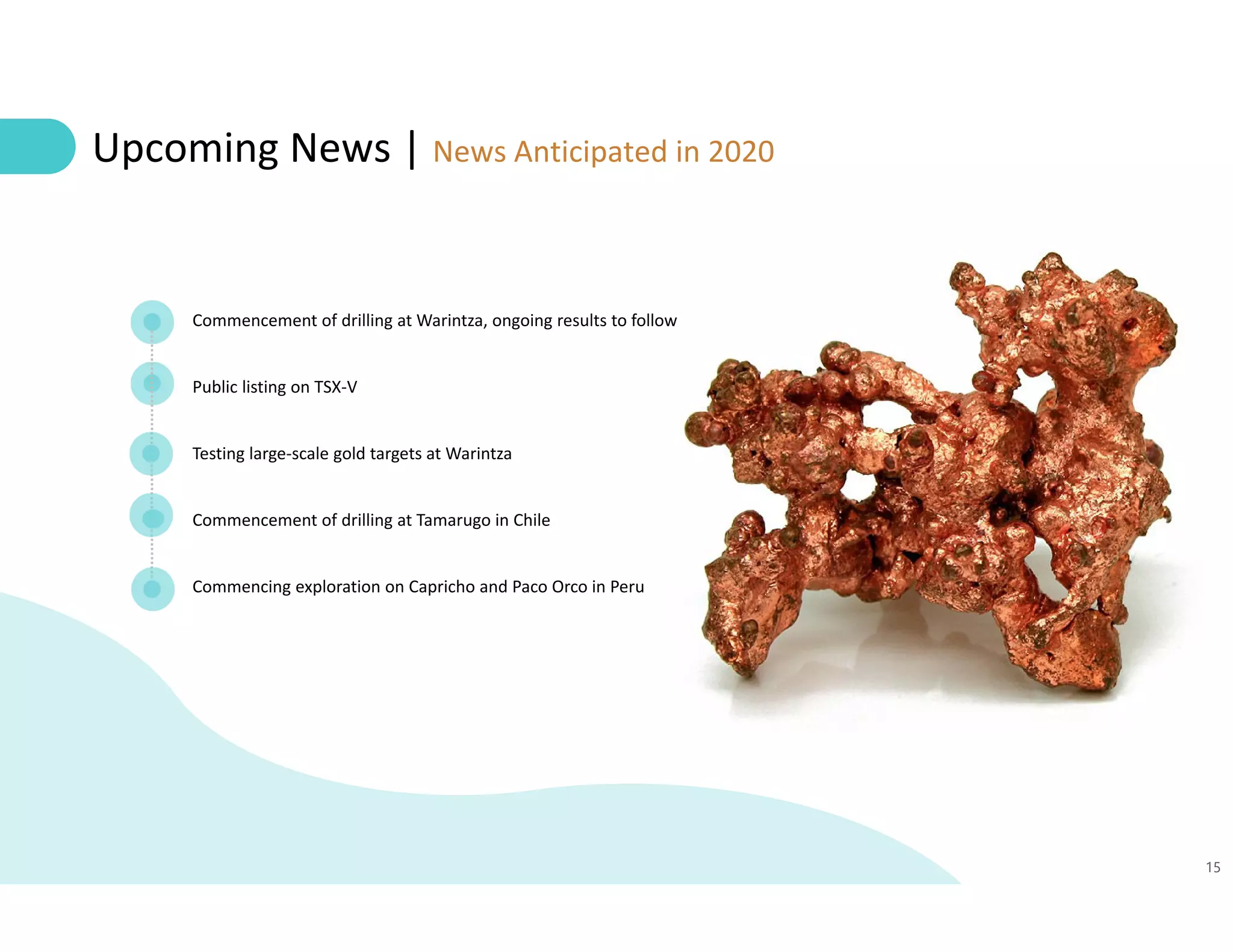 15
Upcoming News | News Anticipated in 2020
Commencement of drilling at Warintza, ongoing results to follow
Public listing on TSX‐V
Testing large‐scale gold targets at Warintza
Commencement of drilling at Tamarugo in Chile
Commencing exploration on Capricho and Paco Orco in Peru
 