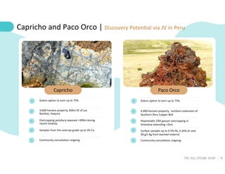 21
TSX: SLS; OTCQB: SLSSF
Solaris option to earn up to 75%
4,600-hectare property, 60km SE of Las
Bambas, Haquira
Outcropping porphyry exposed >300m during
recent landslip
Samples from this outcrop grade up to 3% Cu
Community consultation ongoing
Capricho and Paco Orco | Discovery Potential via JV in Peru
Capricho Paco Orco
Solaris option to earn up to 75%
4,400-hectare property, northern extension of
Southern Peru Copper Belt
Polymetallic CRD gossan outcropping in
limestone extending >2km
Surface samples up to 0.5% Pb, 0.26% Zn and
58 g/t Ag from leached material
Community consultation ongoing
 