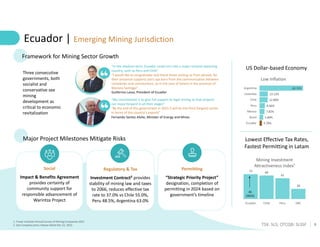 8
TSX: SLS; OTCQB: SLSSF
Ecuador | Emerging Mining Jurisdiction
1. Fraser Institute Annual Survey of Mining Companies 2021
2. See Company press release dated Dec 22, 2022
Major Project Milestones Mitigate Risks
Framework for Mining Sector Growth
Permitting
“Strategic Priority Project”
designation, completion of
permitting in 2024 based on
government’s timeline
Regulatory & Tax
Investment Contract² provides
stability of mining law and taxes
to 2066, reduces effective tax
rate to 37.0% vs Chile 55.0%,
Peru 48.5%, Argentina 63.0%
Social
Impact & Benefits Agreement
provides certainty of
community support for
responsible advancement of
Warintza Project
3.70%
5.80%
7.82%
8.46%
12.80%
13.12%
68.70%
Ecuador
Brazil
Mexico
Peru
Chile
Colombia
Argentina
Low Inflation
US Dollar-based Economy
73 69
61
30
Ecuador Chile Peru DRC
Mining Investment
Attractiveness Index¹
45
(2015)
Lowest Effective Tax Rates,
Fastest Permitting in Latam
“In the medium term, Ecuador could turn into a major mineral exporting
country, such as Peru and Chile”
“I would like to congratulate and thank those visiting us from abroad, for
their presence supports start-ups born from the communication between
companies and communities, as in the case of Solaris in the province of
Morona Santiago”
Guillermo Lasso, President of Ecuador
“My commitment is to give full support to legal mining so that projects
can move forward in all their stages”
“By the end of this government in 2025 it will be the third [largest] sector
in terms of the country's exports”
Fernando Santos Alvite, Minister of Energy and Mines
Three consecutive
governments, both
socialist and
conservative see
mining
development as
critical to economic
revitalization
 