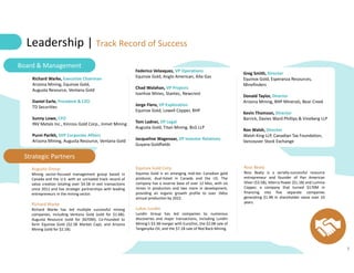 5
Richard Warke, Executive Chairman
Arizona Mining, Equinox Gold,
Augusta Resource, Ventana Gold
Daniel Earle, President & CEO
TD Securities
Sunny Lowe, CFO
INV Metals Inc., Kinross Gold Corp., Inmet Mining
Purni Parikh, SVP Corporate Affairs
Arizona Mining, Augusta Resource, Ventana Gold
Federico Velasquez, VP Operations
Equinox Gold, Anglo American, Alta Gas
Chad Wolahan, VP Projects
Ivanhoe Mines, Stantec, Newcrest
Jorge Fiero, VP Exploration
Equinox Gold, Lowell Copper, BHP
Tom Ladner, VP Legal
Augusta Gold, Titan Mining, BLG LLP
Jacqueline Wagenaar, VP Investor Relations
Guyana Goldfields
Greg Smith, Director
Equinox Gold, Esperanza Resources,
Minefinders
Donald Taylor, Director
Arizona Mining, BHP Minerals, Bear Creek
Kevin Thomson, Director
Barrick, Davies Ward Phillips & Vineberg LLP
Ron Walsh, Director
Walsh King LLP, Canadian Tax Foundation,
Vancouver Stock Exchange
Board & Management
Strategic Partners
Equinox Gold Corp.
Equinox Gold is an emerging mid-tier Canadian gold
producer, dual-listed in Canada and the US. The
company has a reserve base of over 12 Moz, with six
mines in production and two more in development,
providing an organic growth profile to over 1Moz
annual production by 2022.
Lukas Lundin
Lundin Group has led companies to numerous
discoveries and major transactions, including Lundin
Mining’s $3.3B merger with EuroZinc, the $2.0B sale of
Tanganyika Oil, and the $7.1B sale of Red Back Mining.
Ross Beaty
Ross Beaty is a serially-successful resource
entrepreneur and founder of Pan American
Silver ($3.5B), Alterra Power ($1.1B) and Lumina
Copper, a company that turned $170M in
financing into five separate companies
generating $1.4B in shareholder value over 10
years.
Augusta Group
Mining sector-focused management group based in
Canada and the U.S. with an unrivaled track record of
value creation totaling over $4.5B in exit transactions
since 2011 and has strategic partnerships with leading
entrepreneurs in the mining sector.
Richard Warke
Richard Warke has led multiple successful mining
companies, including Ventana Gold (sold for $1.6B);
Augusta Resource (sold for $670M); Co-Founded to
form Equinox Gold ($2.5B Market Cap); and Arizona
Mining (sold for $2.1B).
Leadership | Track Record of Success
 