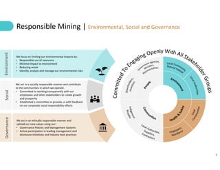 8
We focus on limiting our environmental impacts by:
• Responsible use of resources
• Minimal impact to environment
• Reducing waste
• Identify, analyze and manage our environmental risks
We act in a socially responsible manner and contribute
to the communities in which we operate.
• Committed to working transparently with our
employees and other stakeholders to create growth
and prosperity
• Established a committee to provide us with feedback
on our corporate social responsibility efforts
We act in an ethically responsible manner and
uphold our core values using our:
• Governance Policies and Management Systems
• Active participation in leading management and
disclosure initiatives and industry best practices
Environment
Social
Governance
Responsible Mining | Environmental, Social and Governance
 