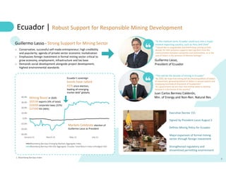 9
Enact
prior
consultation
norm
for
indigenous
peoples
Special
Commission
to
Control
Illegal
Mining
Upgrade
systems
to
enable
Ecuador | Robust Support for Responsible Mining Development
Guillermo Lasso - Strong Support for Mining Sector
o Conservative, successful self-made entrepreneur; high credibility
and popularity; agenda of private sector economic revitalization
o Emphasizes foreign investment in formal mining sector critical to
grow economy, employment, infrastructure and tax base
o Demands social development alongside project development,
highest environmental standards
“In the medium term, Ecuador could turn into a major
mineral exporting country, such as Peru and Chile”
“I would like to congratulate and thank those visiting us from
abroad, for their presence supports start-ups born from the
communication between companies and communities, as in the
case of Solaris in the province of Morona Santiago”
Guillermo Lasso,
President of Ecuador
9
“This will be the decade of mining in Ecuador”
“By 2030, we hope that mining will be attracting billions of dollars
of investment, generating billions of dollars in annual exports and
employing hundreds of thousands of Ecuadorians”
“As a government we are clear that mining needs to develop
because it is the future of the country"
Juan Carlos Bermeo Calderón,
Min. of Energy and Non-Ren. Natural Res.
1. Bloomberg Barclays index
-30.0%
-20.0%
-10.0%
0.0%
10.0%
20.0%
30.0%
40.0%
January-21 March-21 May-21 July-21
Bloomberg Barclays Emerging Markets Aggregate Index
Bloomberg Barclays EM USD Aggregate: Ecuador Total Return Index Unhedged USD
Markets Celebrate election of
Guillermo Lasso as President
Strengthened regulatory and
streamlined permitting environment
Ecuador’s sovereign
bonds have rallied
41% since election,
leading all emerging
market debt¹ globally
Mining Boost in 2020:
$921M exports (4% of total)
$430M corporate taxes (22%)
$374M FDI (46%)
Executive Decree 151
Signed by President Lasso August 5
Defines Mining Policy for Ecuador
Major expansion of formal mining
sector through foreign investment
 